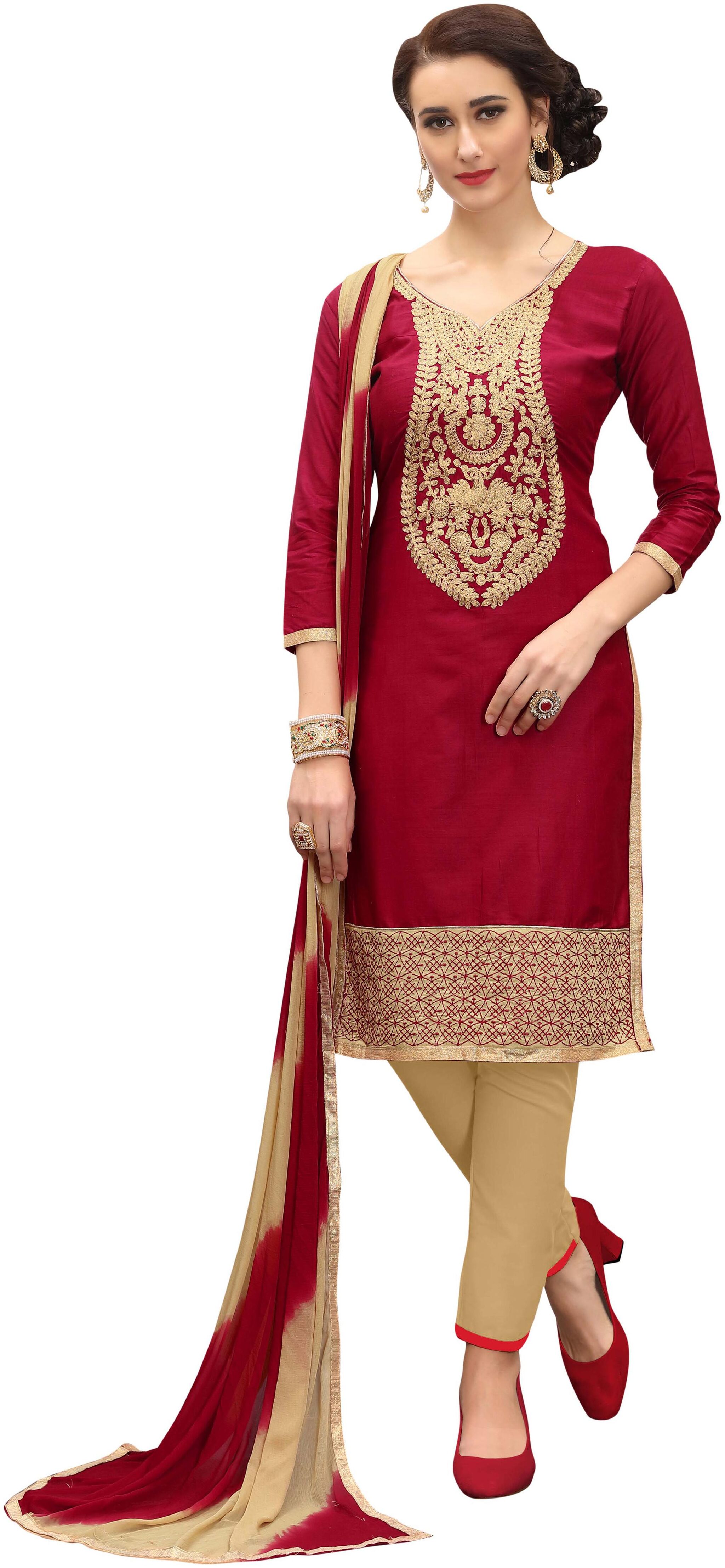 

Manvaa Women Red Embroidered Cotton Dress Material