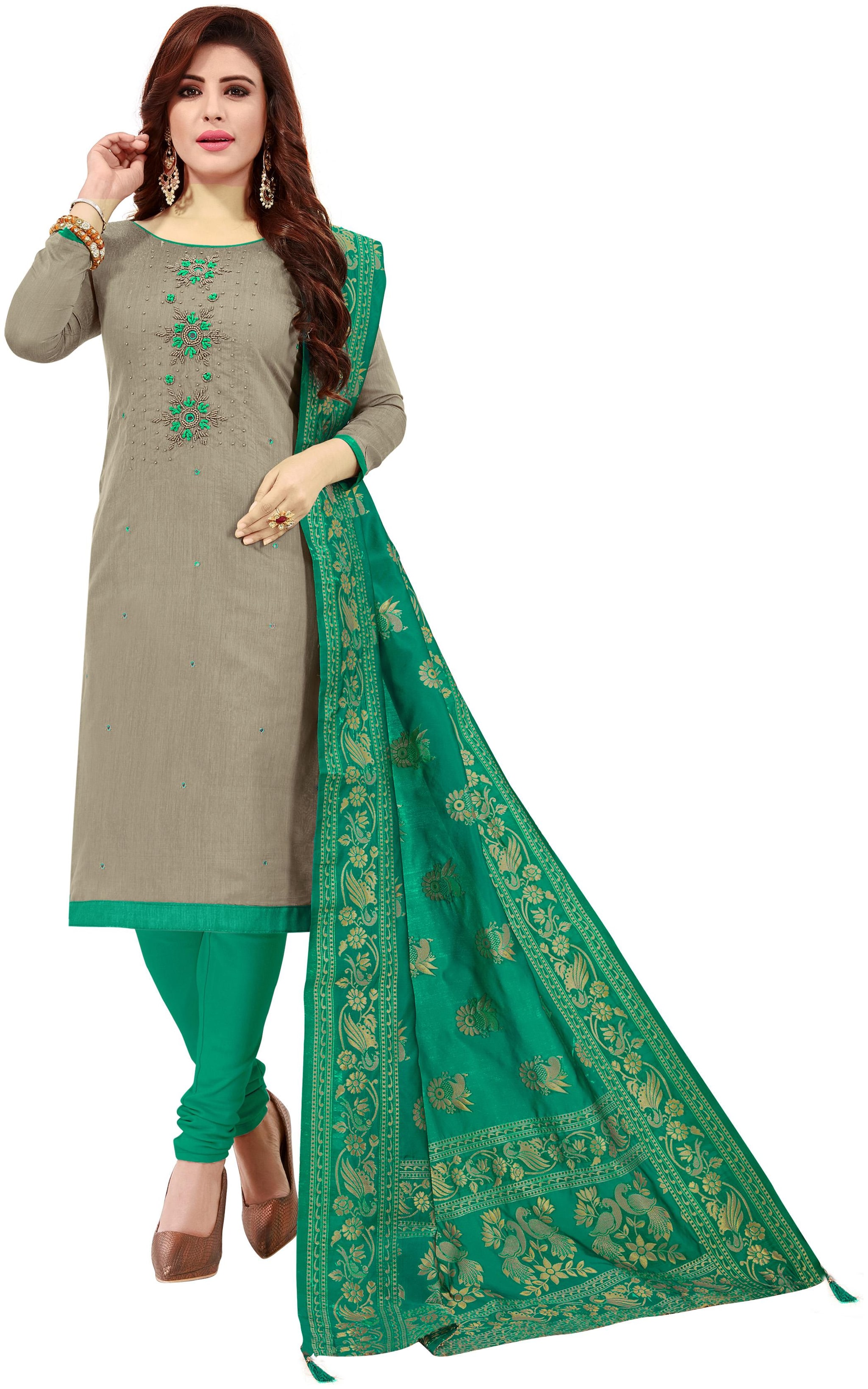 

Manvaa Women Grey Embroidered Cotton Dress Material