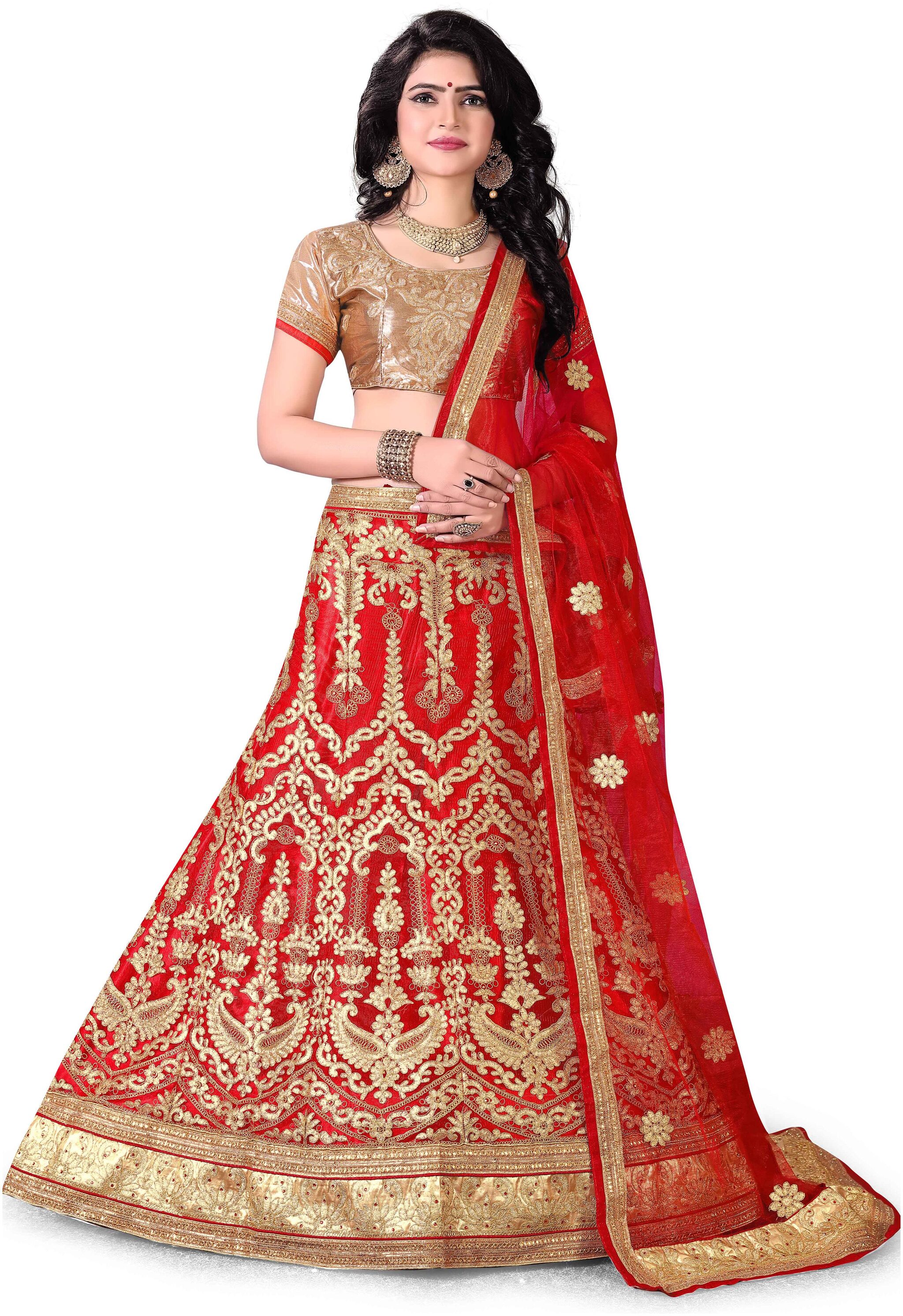 

MANVAA Women Net Semistiched Embroidered Red Lehenga Choli