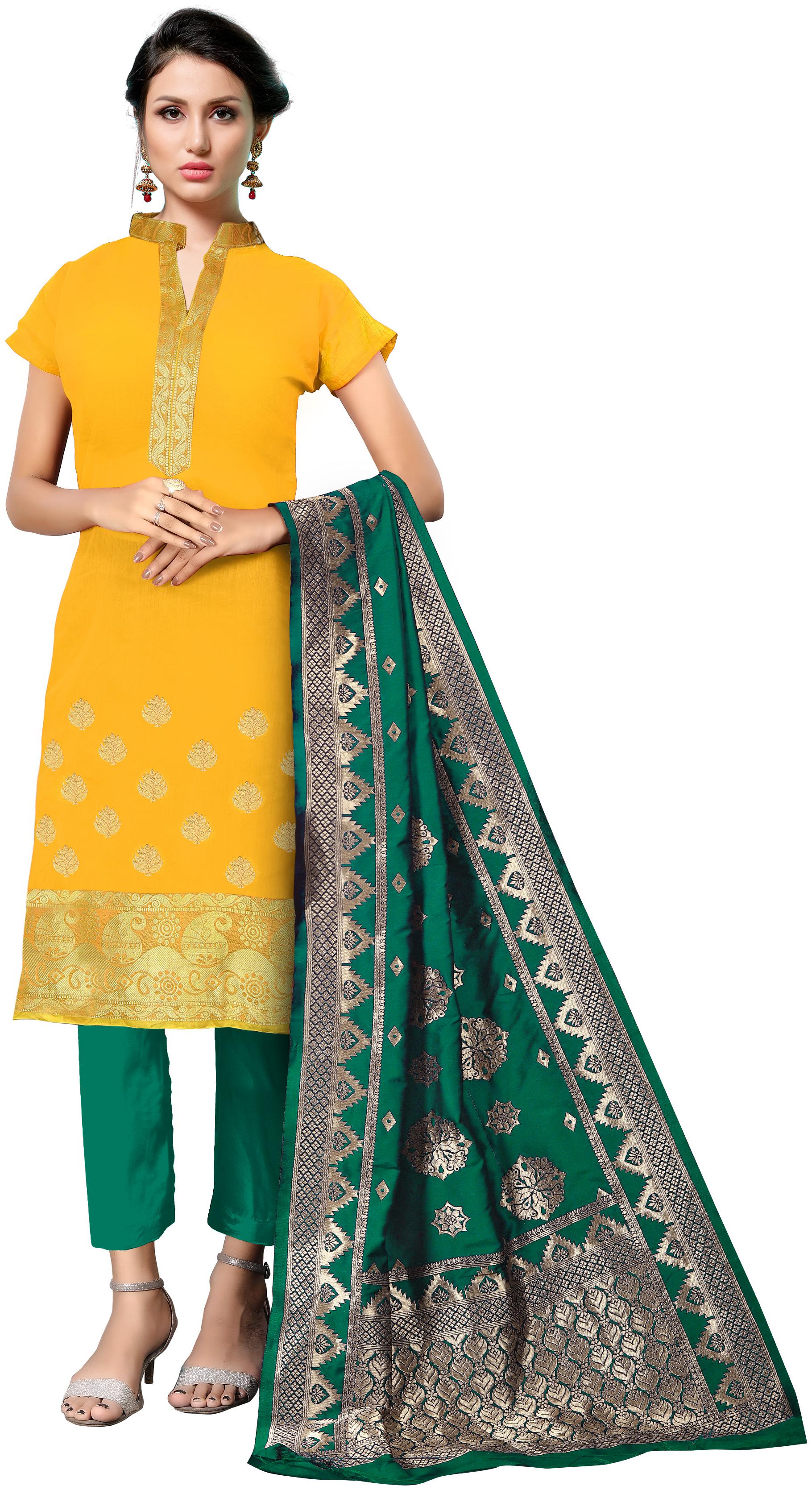 

Manvaa Women Yellow Woven Banarasi Silk Dress Material