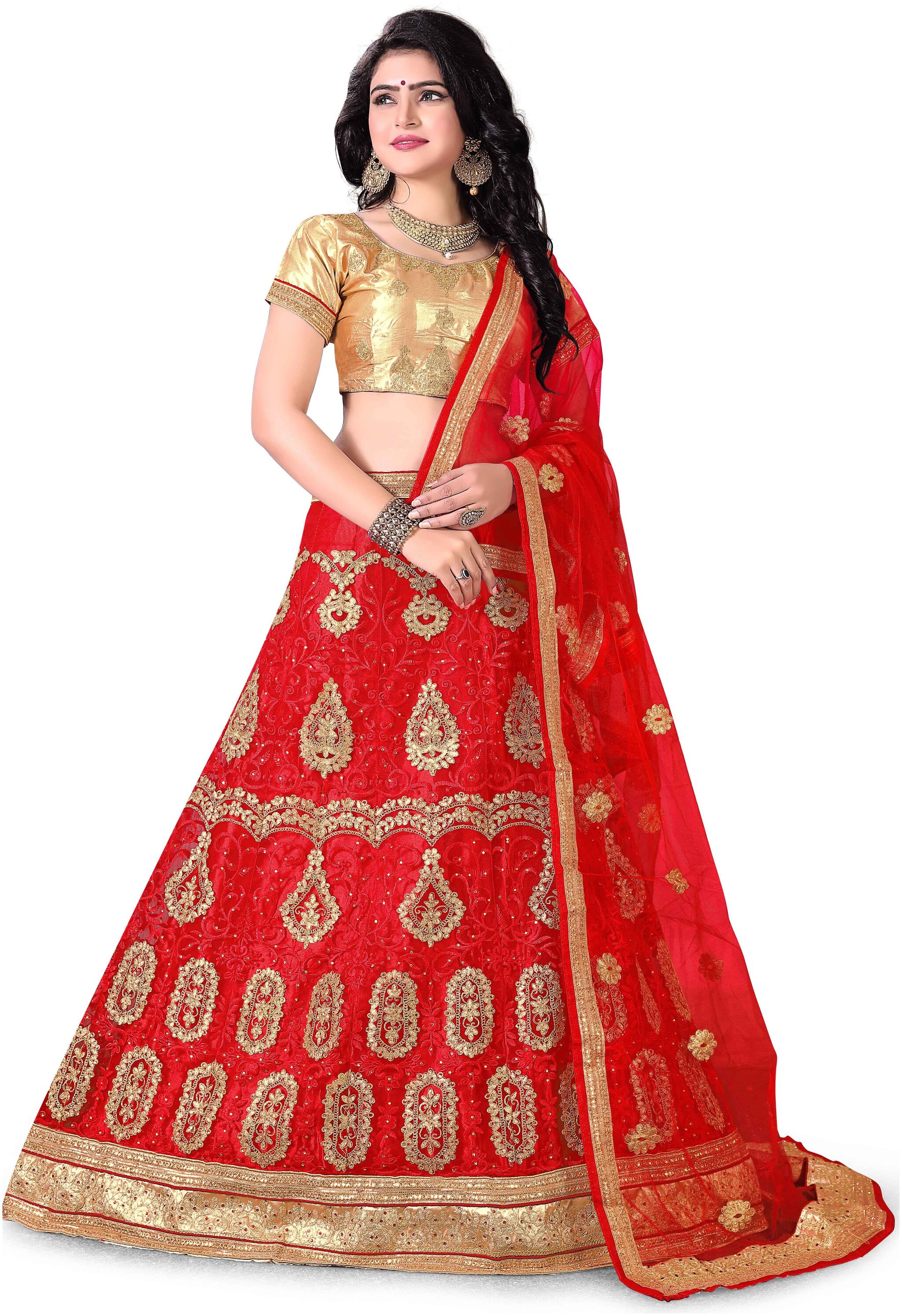 

MANVAA Women Net Semistiched Embroidered Red Lehenga Choli