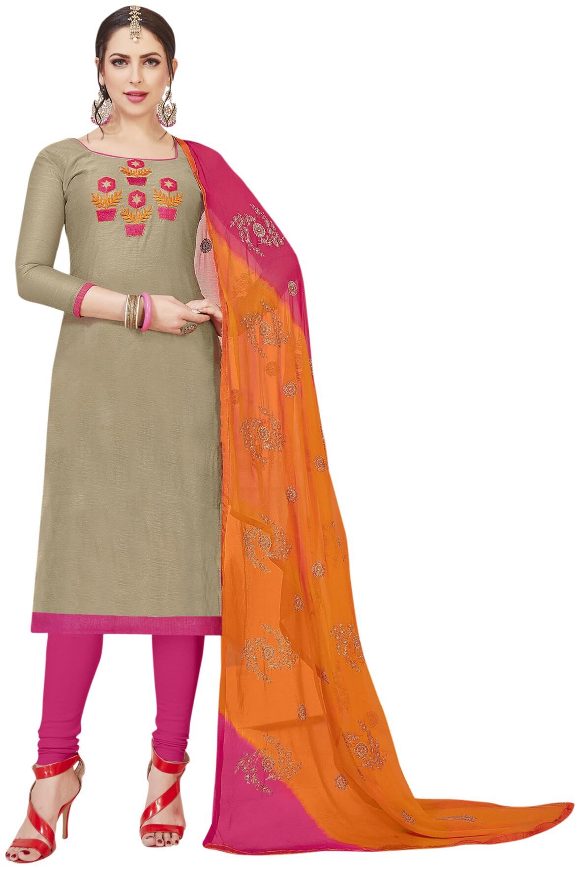 

Manvaa Women Grey Embroidered Silk Blend Dress Material
