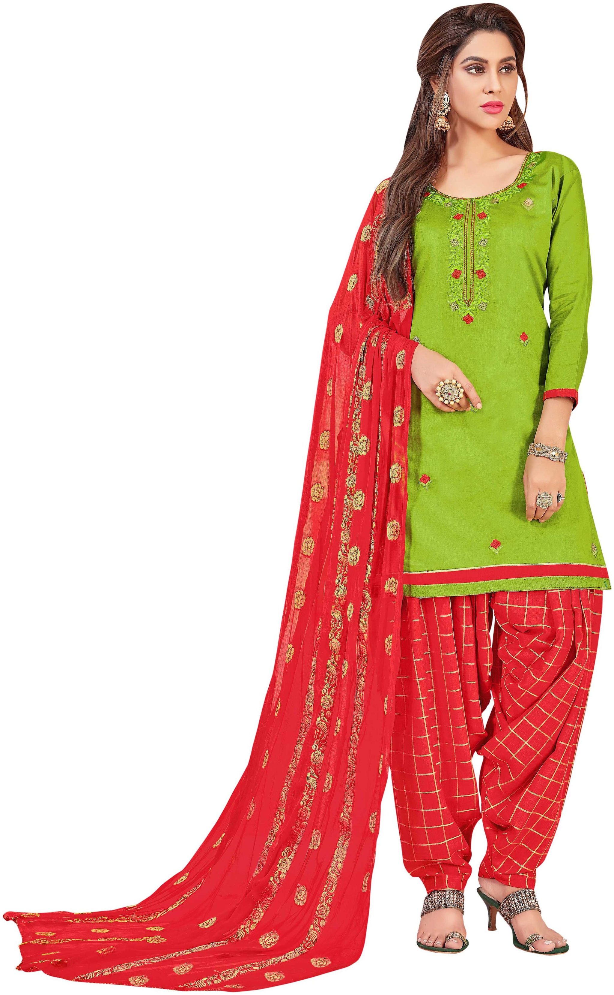 

Manvaa Women Green Patiyala Embroidered Cotton Dress Material