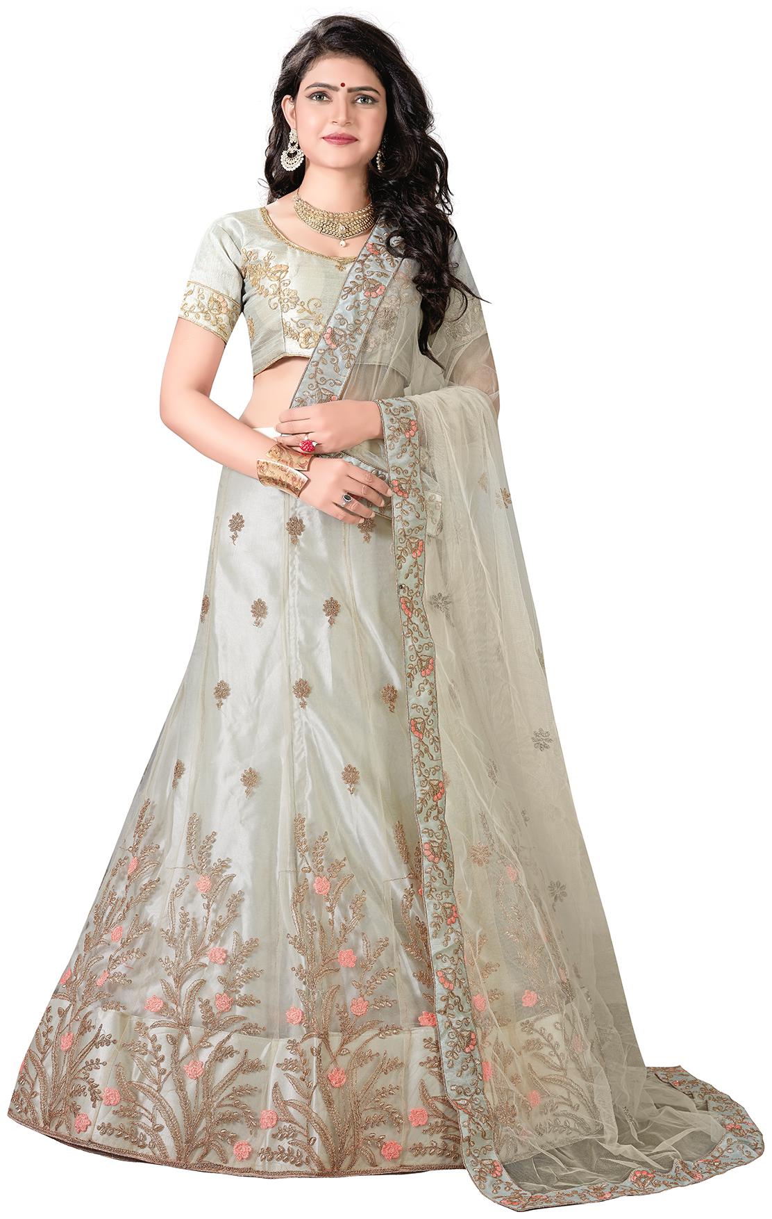 

MANVAA Women Net Semistiched Embroidered Green Lehenga Choli