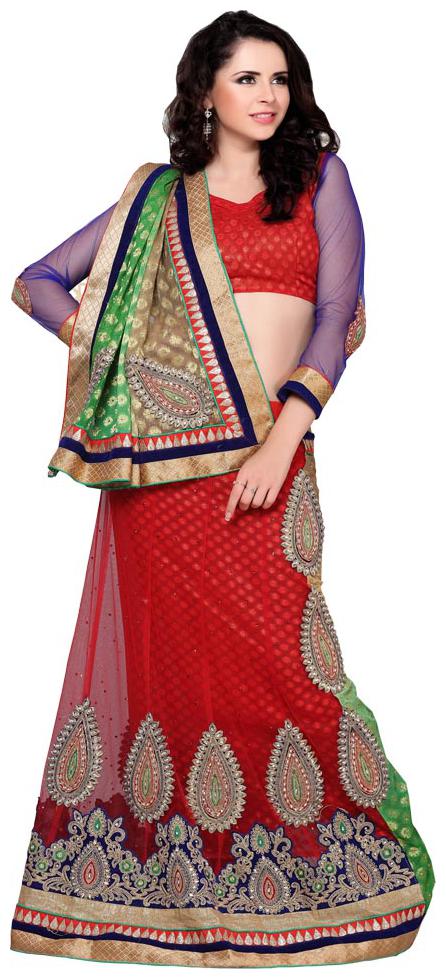 

MANVAA Women Net Semistiched Embroidered Red Lehenga Choli