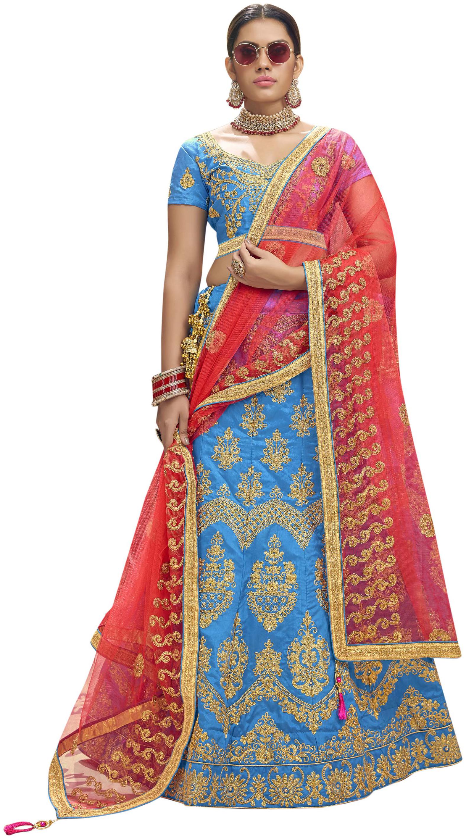 

MANVAA Women Silk Semistiched Embroidered Blue Lehenga Choli