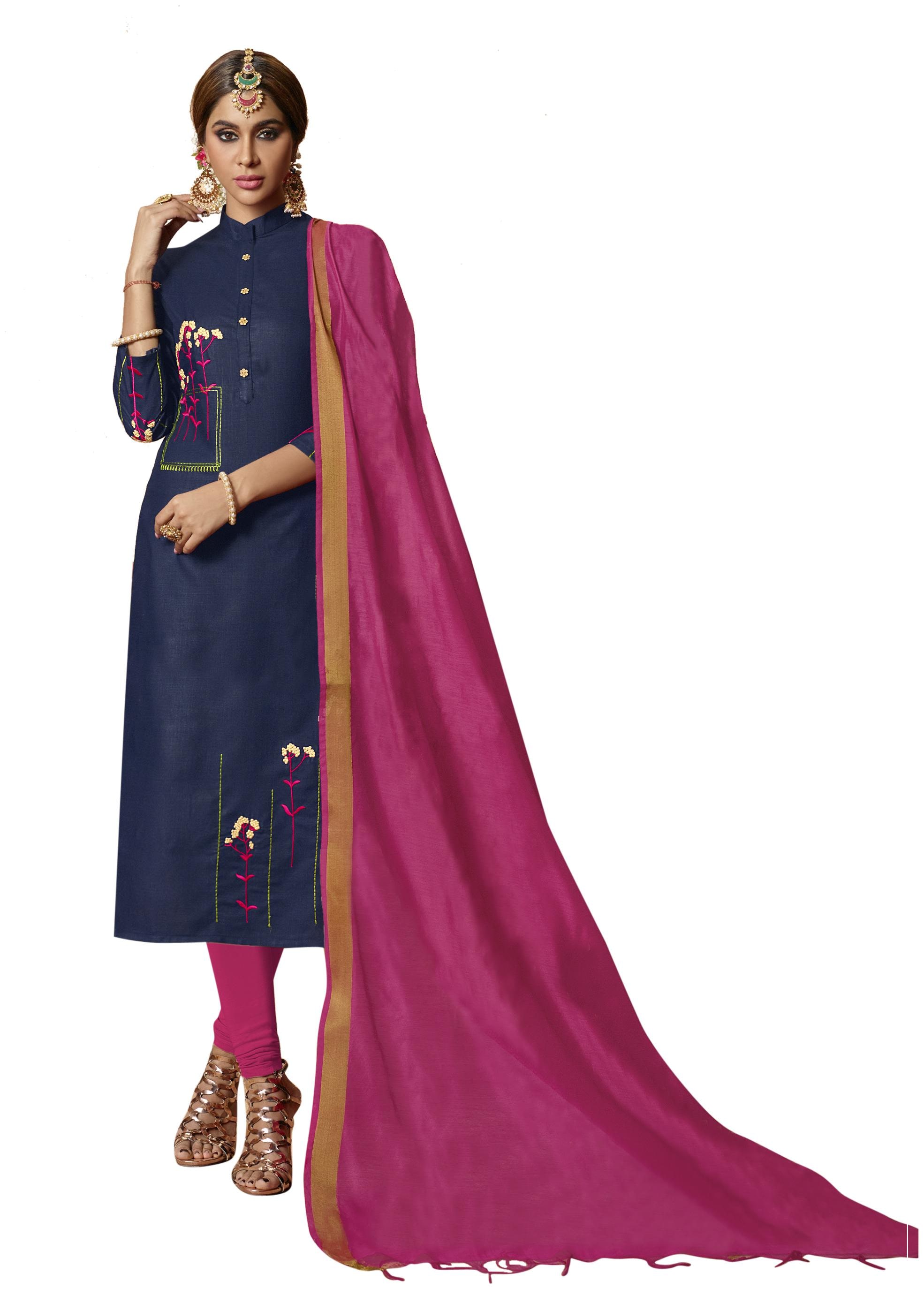 

Manvaa Women Blue Embroidered Cotton Dress Material