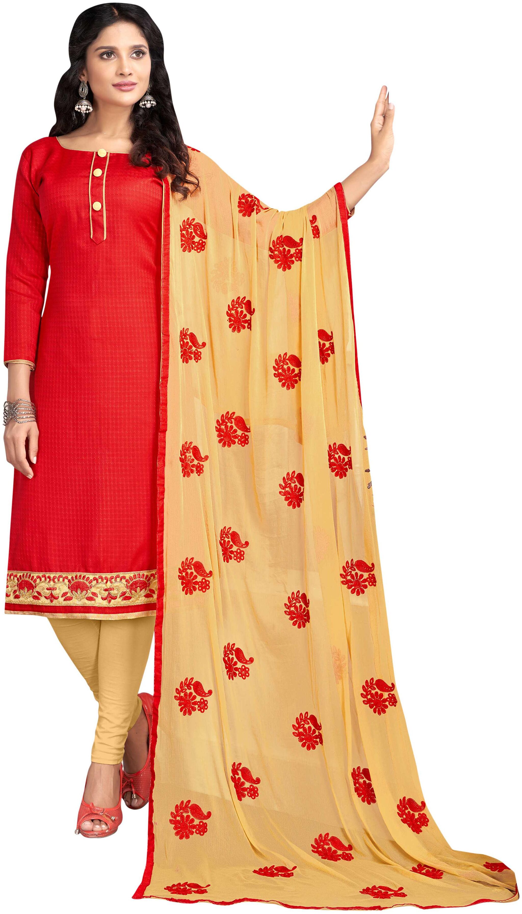 

Manvaa Women Red Embroidered Cotton Dress Material