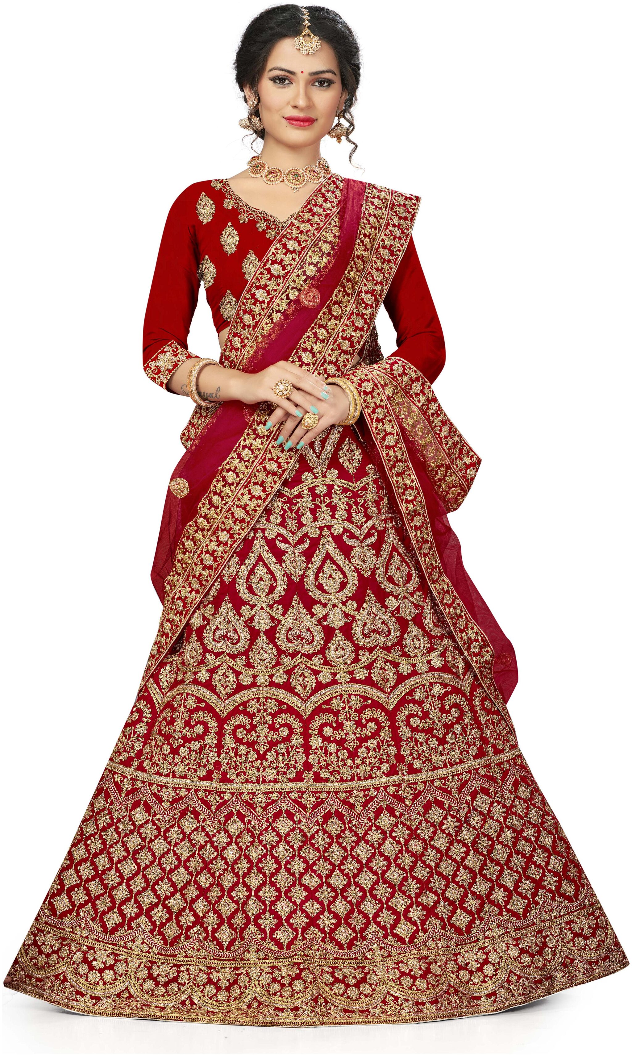 

Manvaa Women Red Velvet Embroidered Lehenga Choli