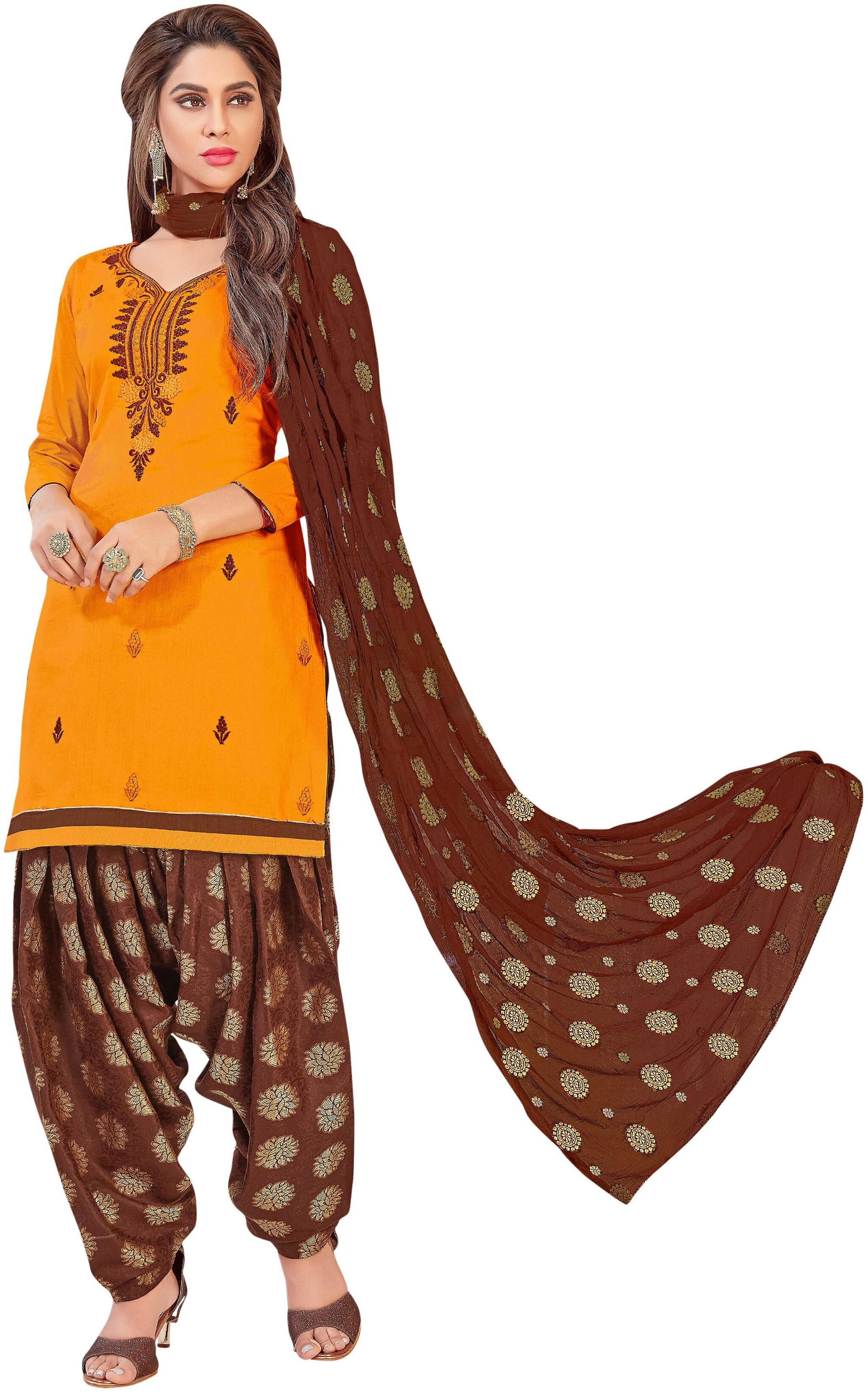 

Manvaa Women Orange Patiyala Embroidered Cotton Dress Material