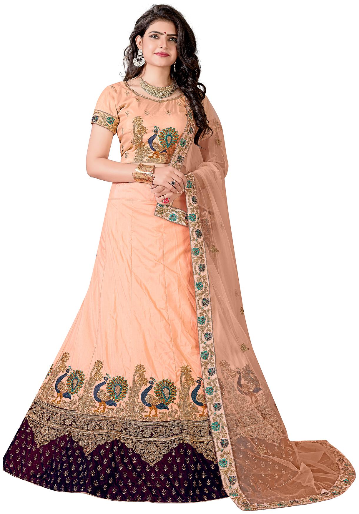 

MANVAA Women Silk Semistiched Embroidered Peach Lehenga Choli