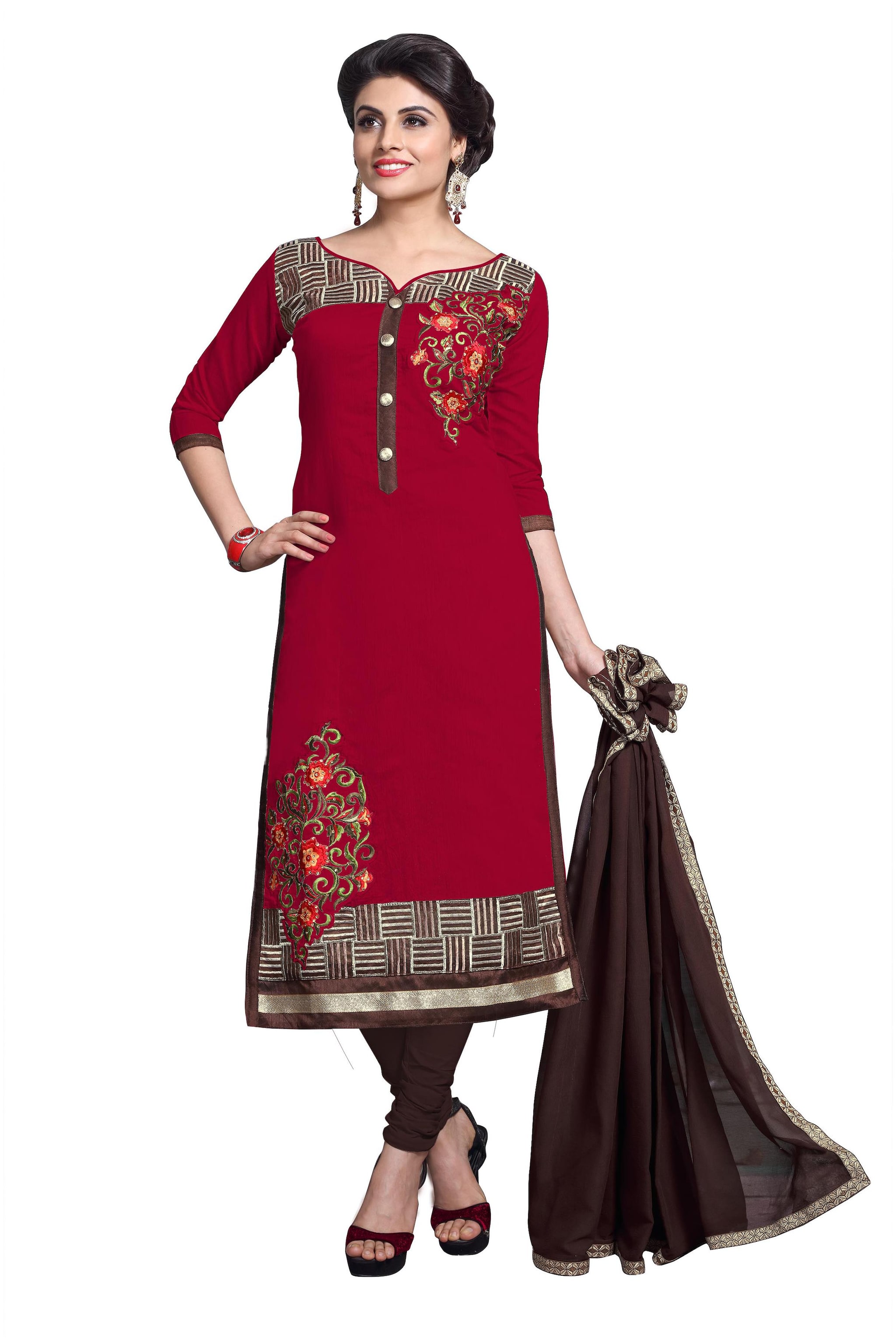 

Manvaa Women Red Embroidered Cotton Dress Material