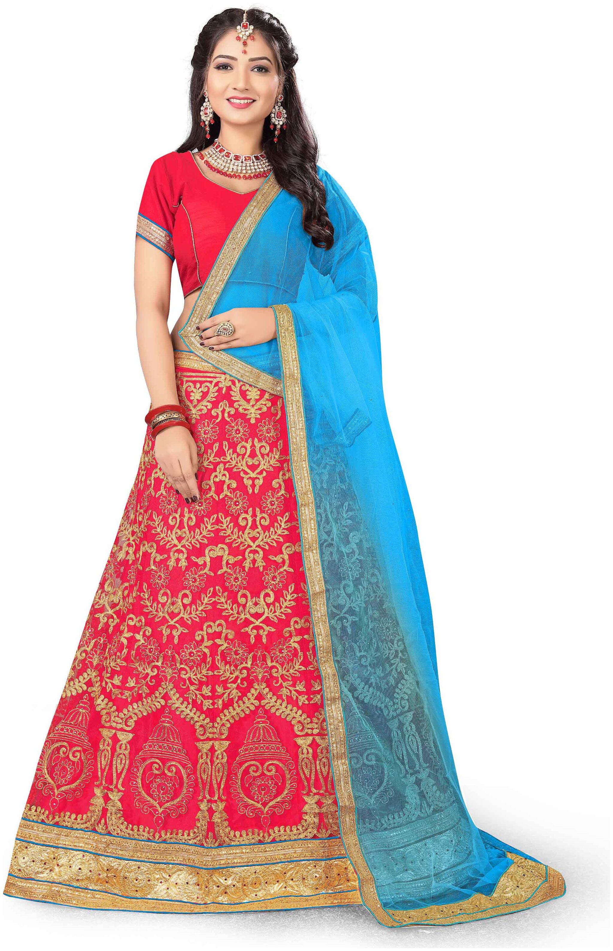

MANVAA Women Net Semistiched Embroidered Pink Lehenga Choli