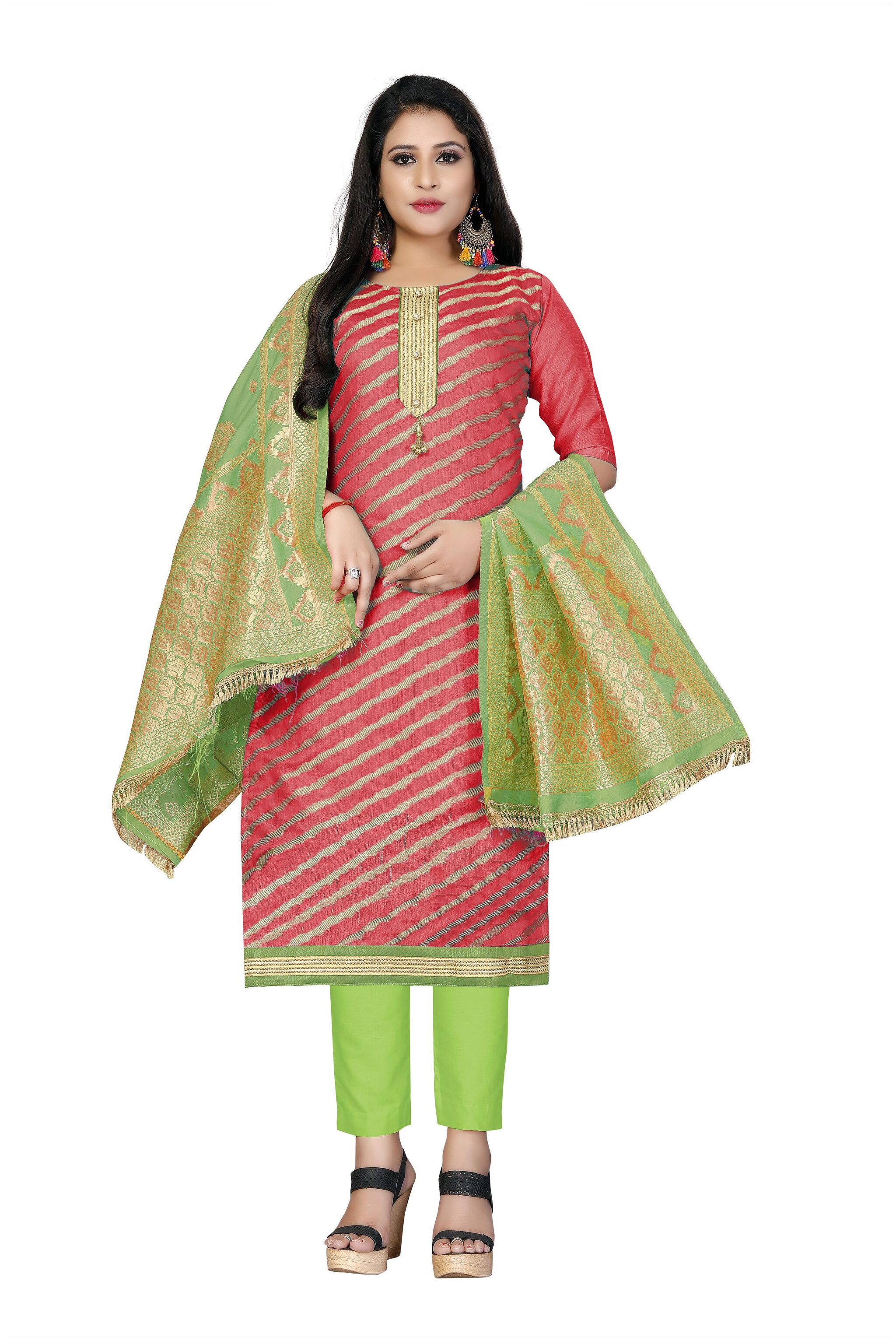 

Manvaa Women Pink Woven Banarasi Jacquard Dress Material
