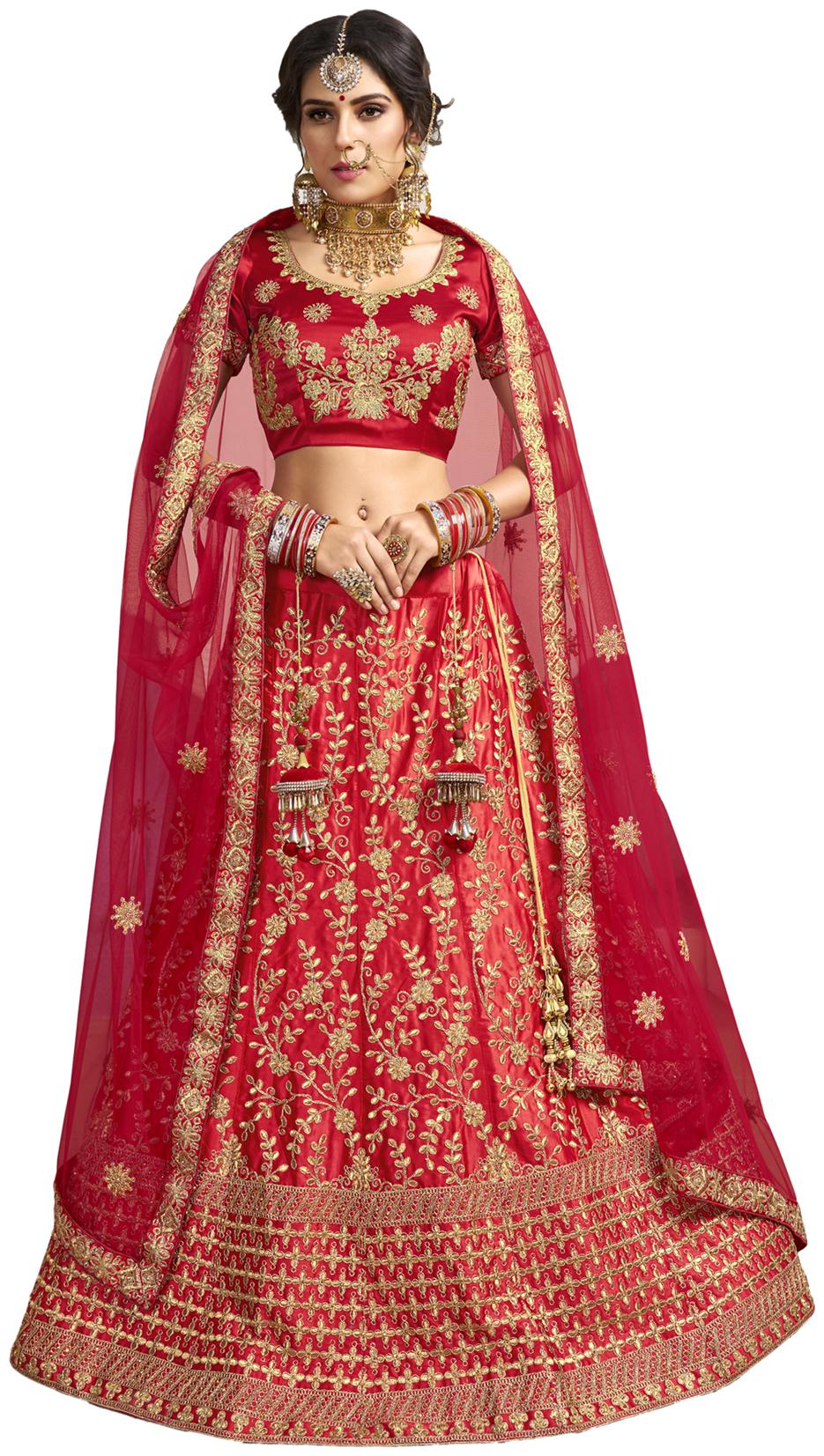 

MANVAA Women Silk Semistiched Embroidered Red Lehenga Choli