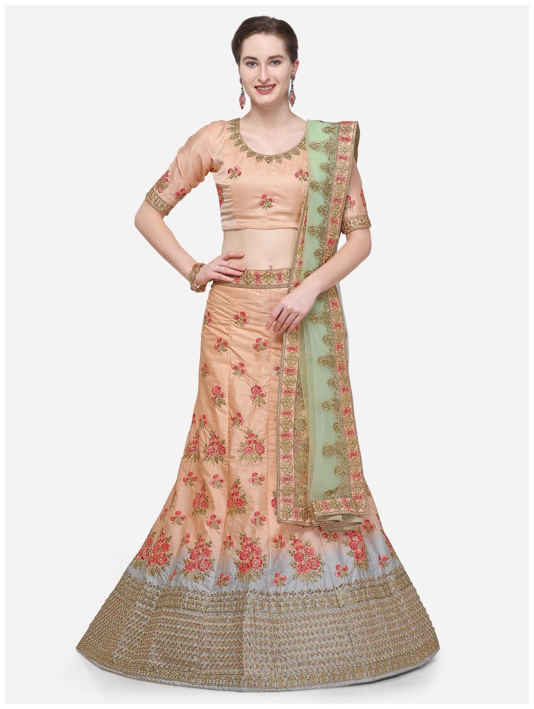 

MANVAA Women Silk Semistiched Embroidered Peach Lehenga Choli