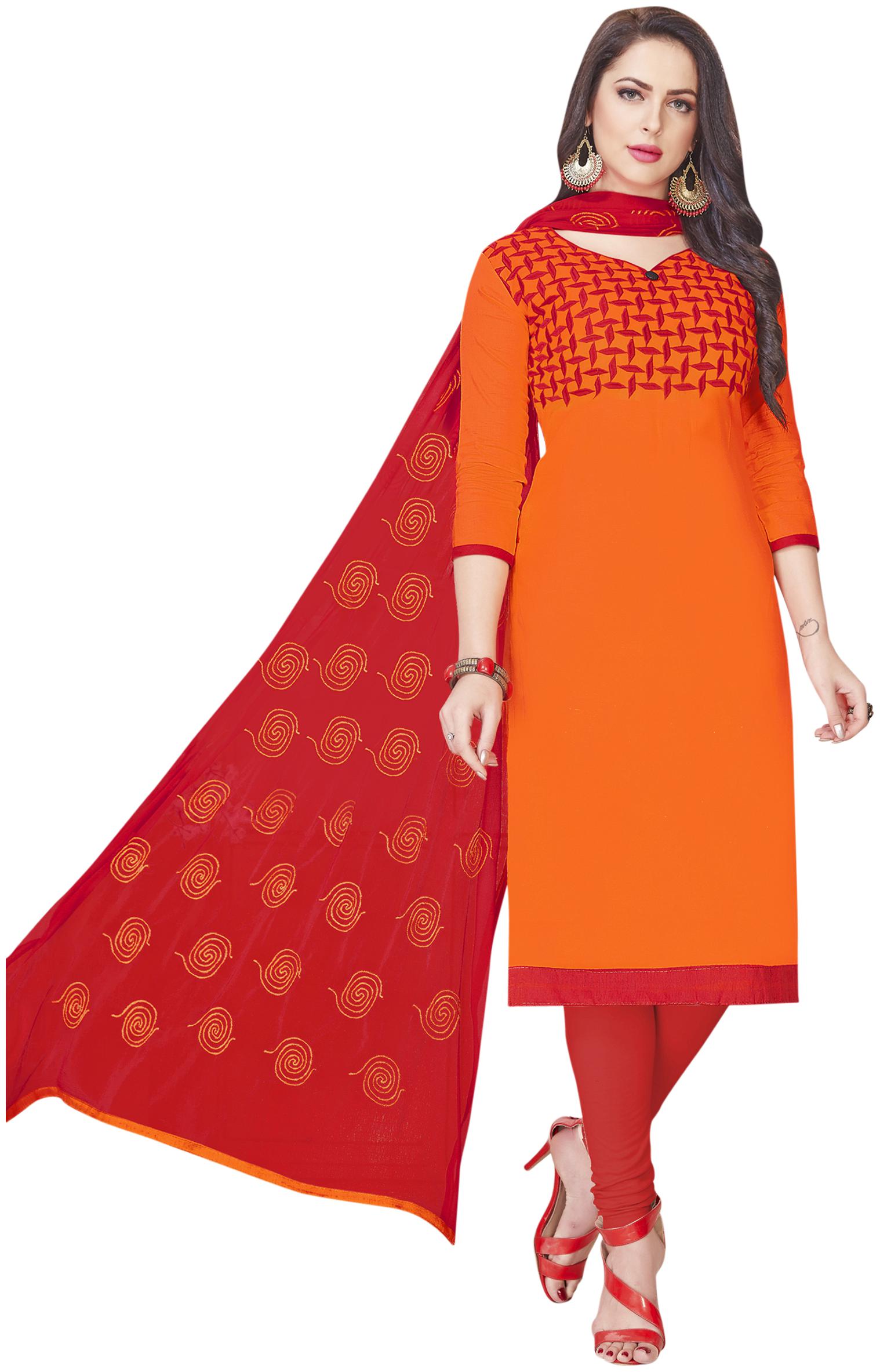 

Manvaa Women Orange Embroidered Cotton Dress Material