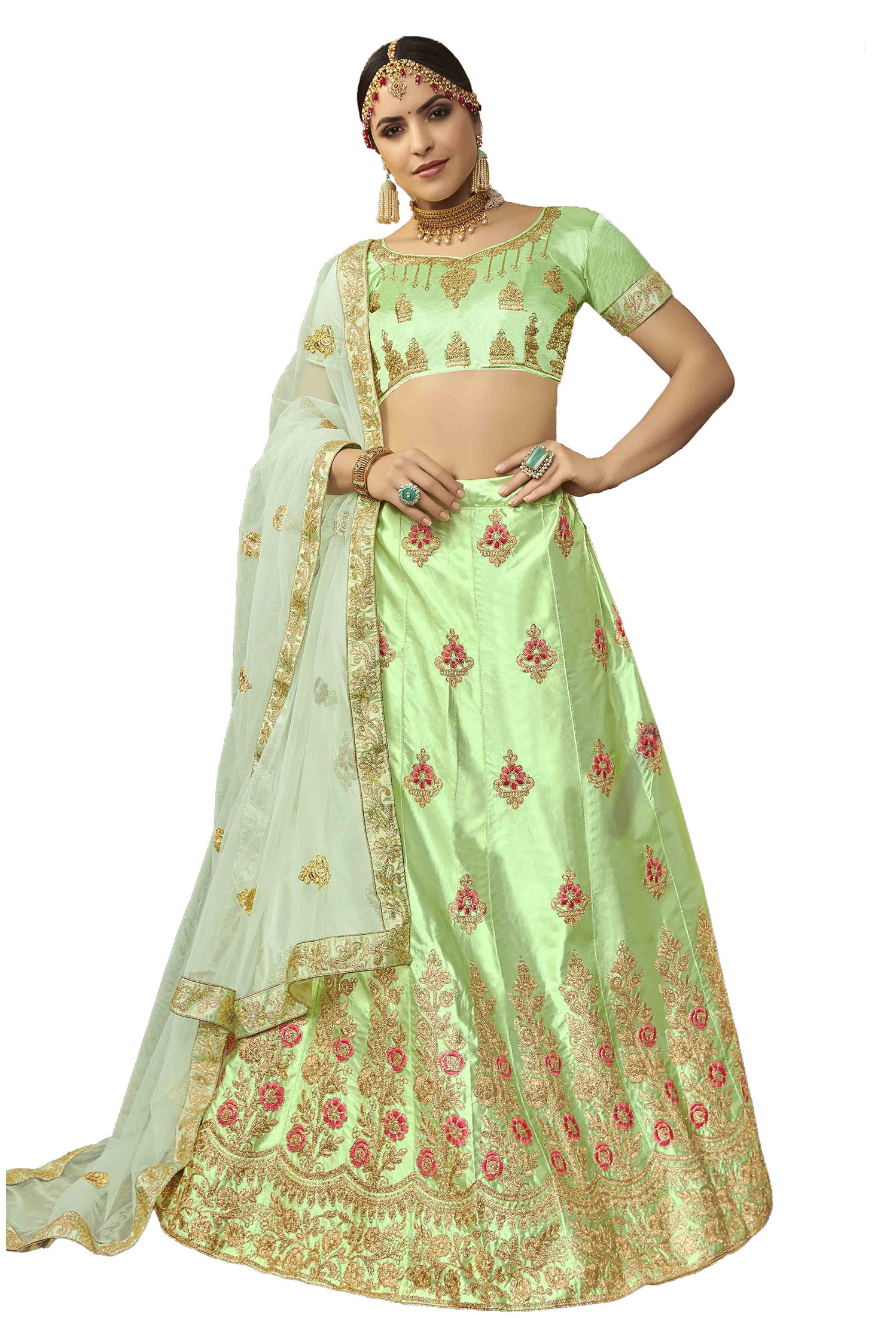 

MANVAA Women Silk Semistiched Embroidered Green Lehenga Choli