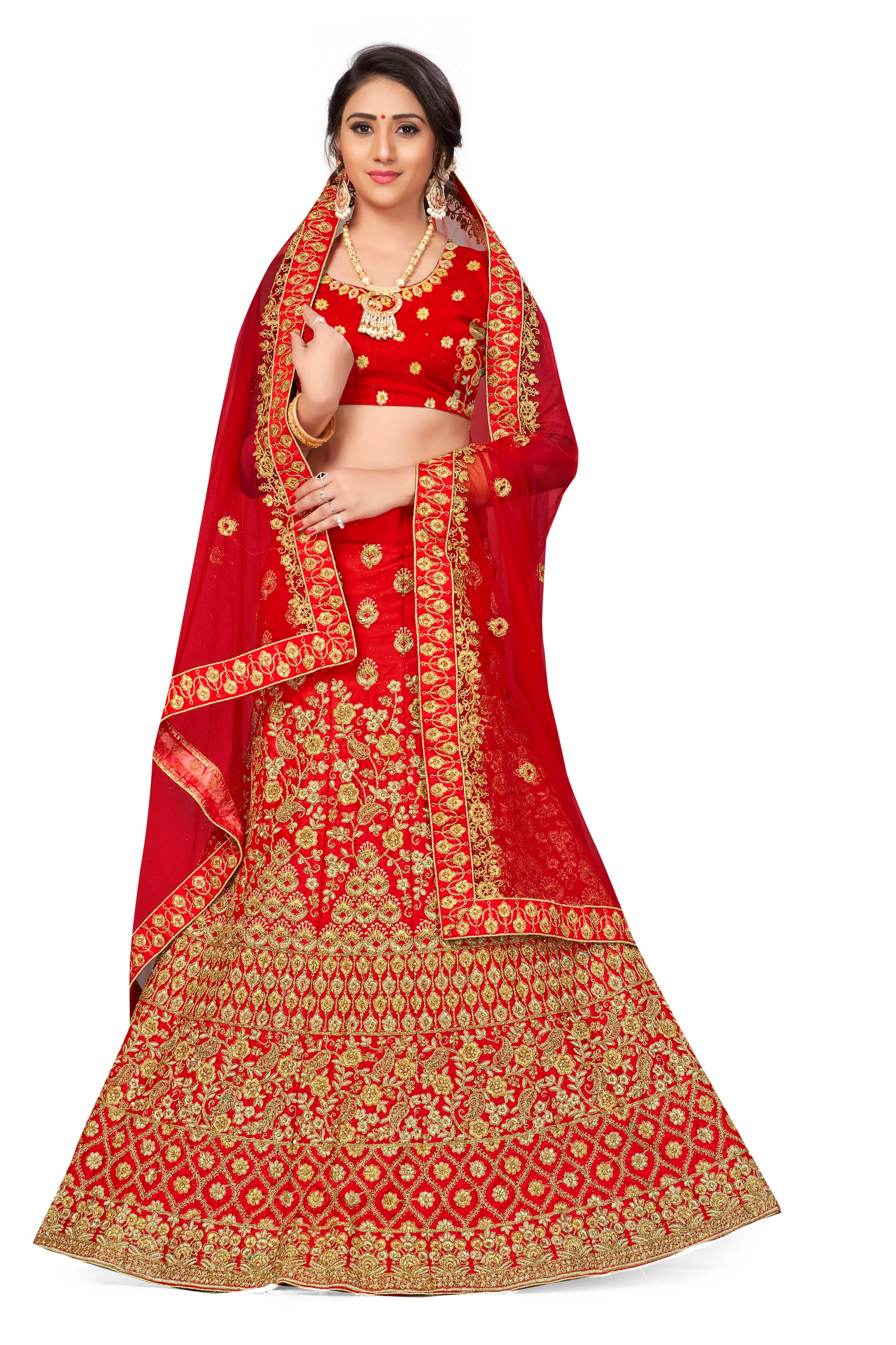 

MANVAA Women Satin Embroidered Red Lehenga Choli