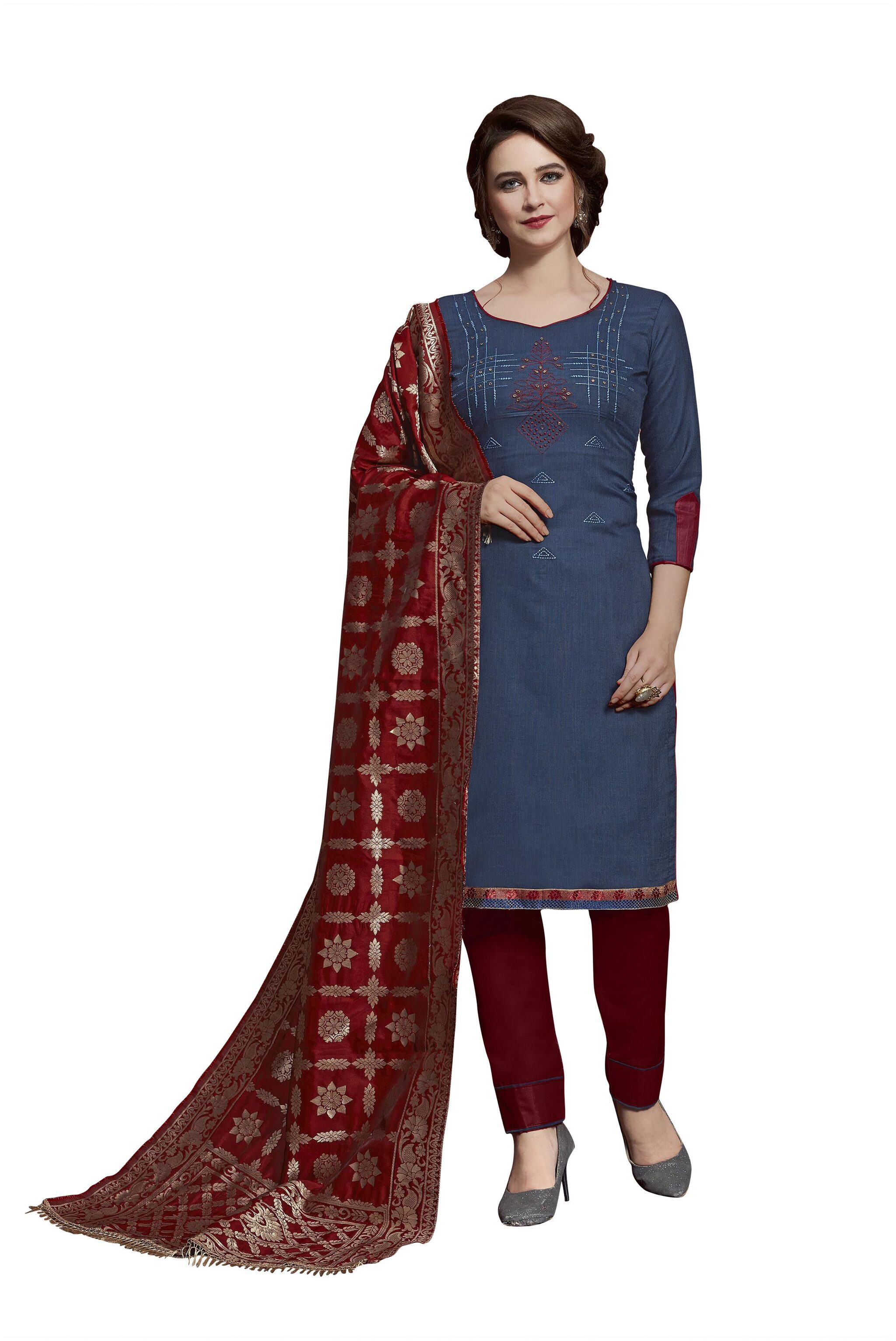 

Manvaa Women Blue Embroidered Cotton Dress Material