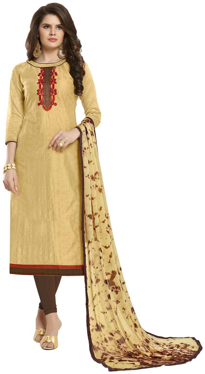 

Manvaa Women Beige Embroidered Cotton Dress Material
