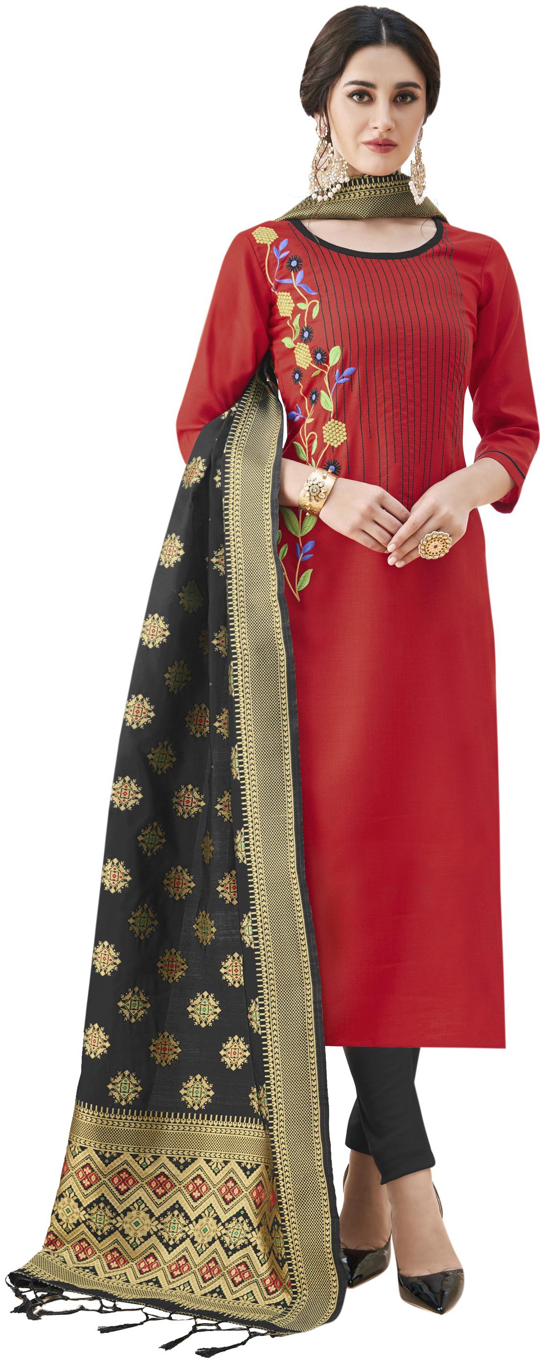 

Manvaa Women Maroon Embroidered Cotton Dress Material