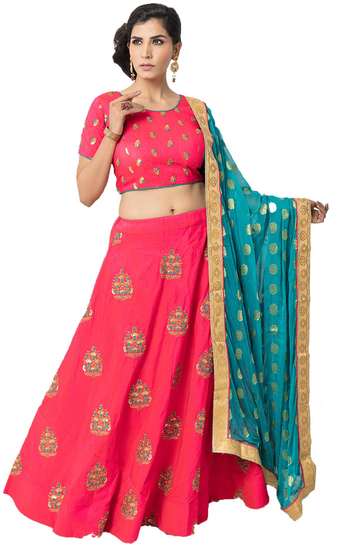 

MANVAA Women Silk Semistiched Embroidered Pink Lehenga Choli