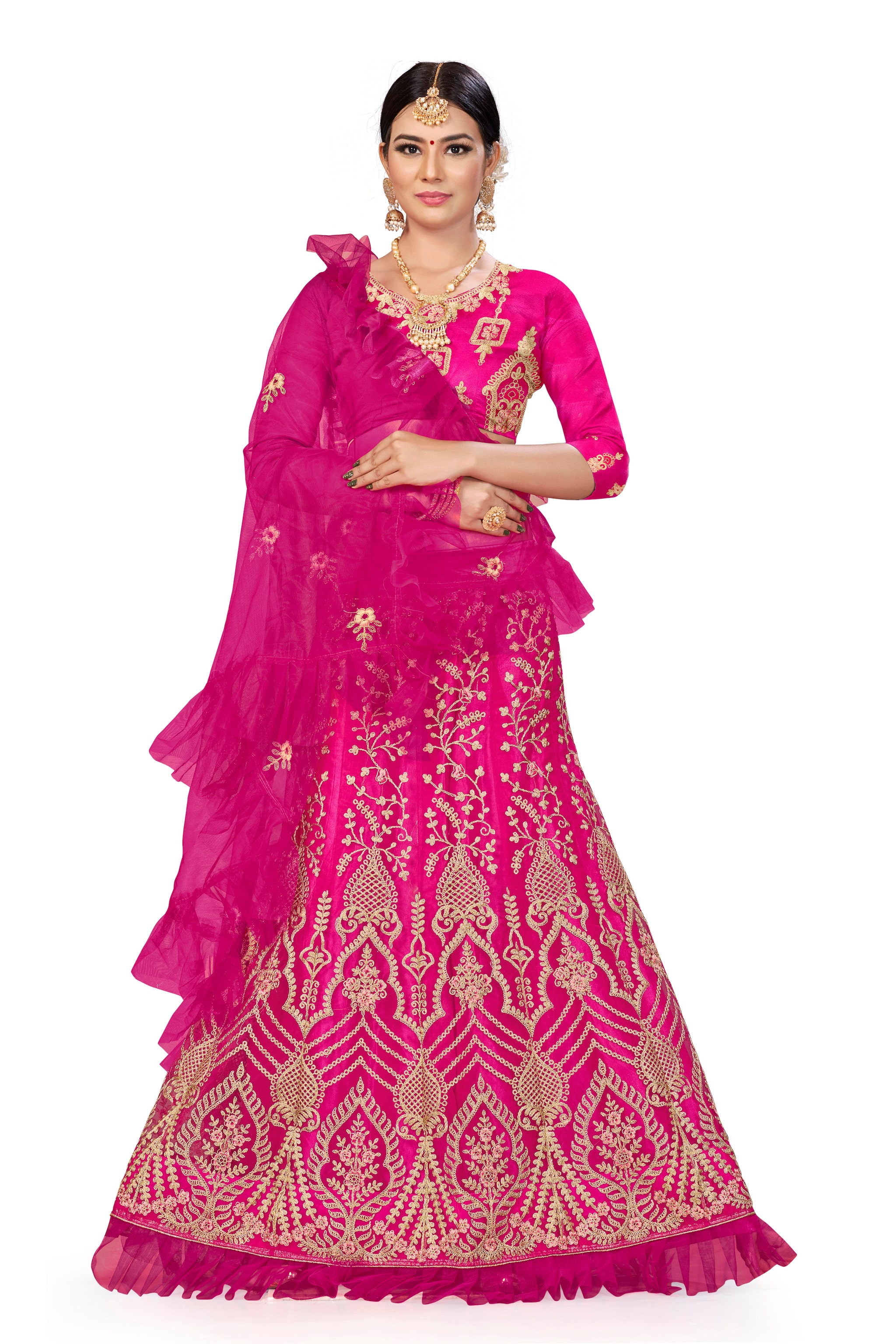 

MANVAA Women Net Embroidered Pink Lehenga Choli