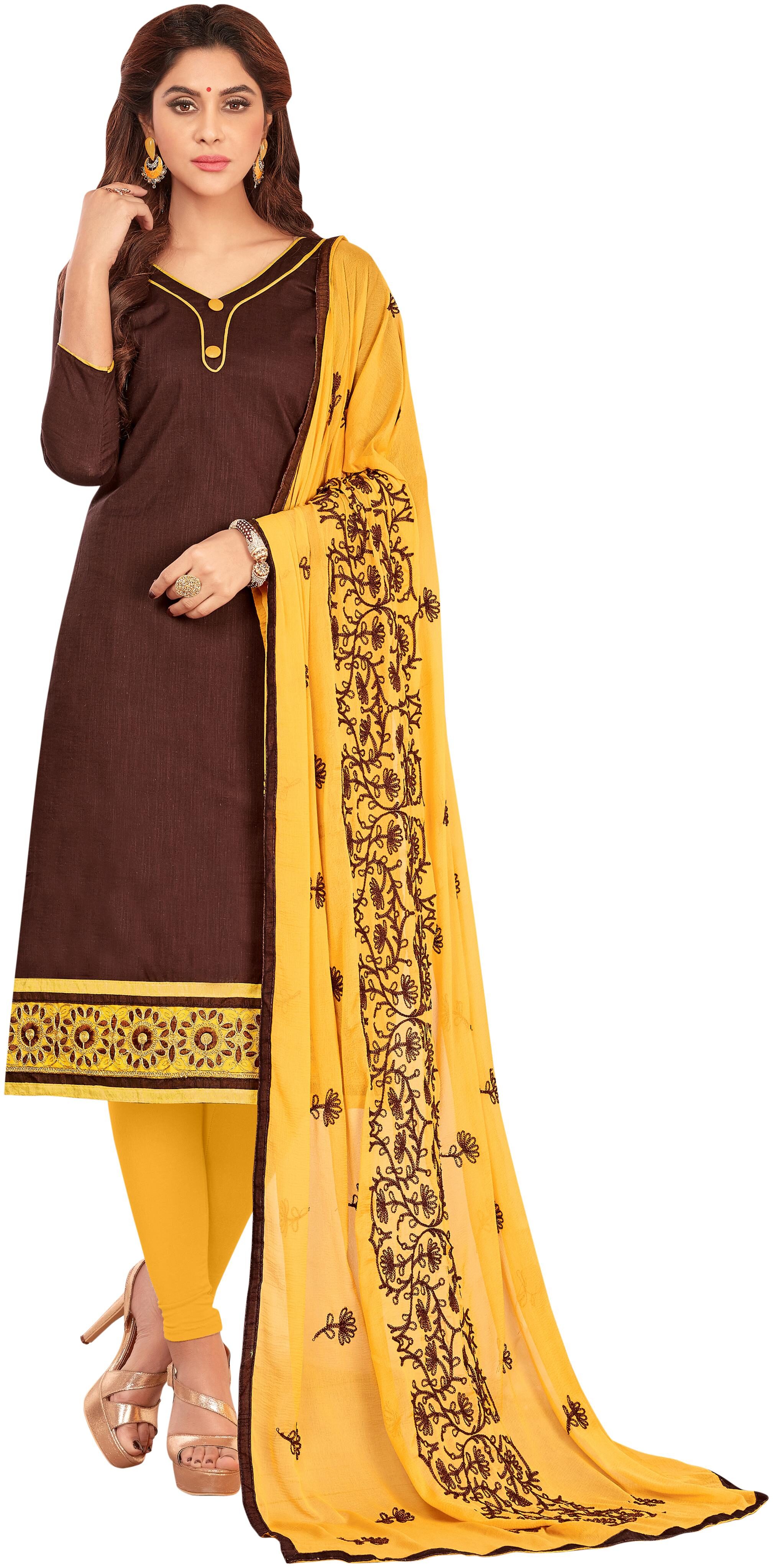 

Manvaa Women Brown Embroidered Cotton Dress Material