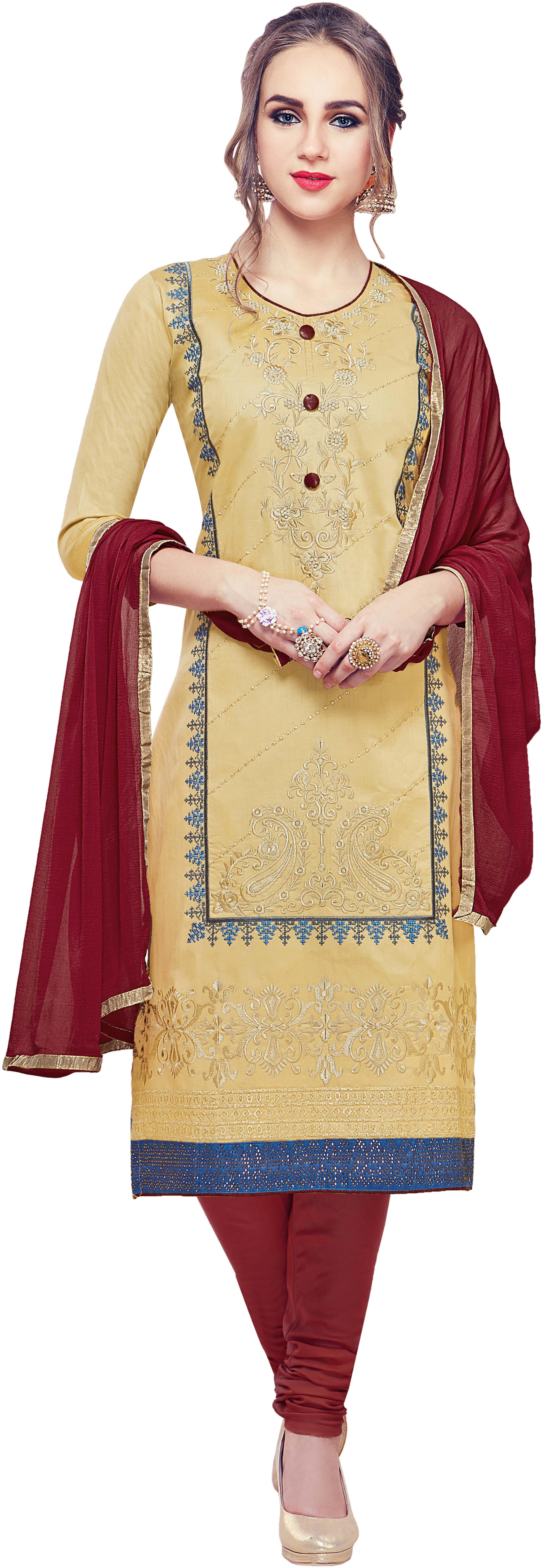 

Manvaa Women Beige Embroidered Cotton Dress Material