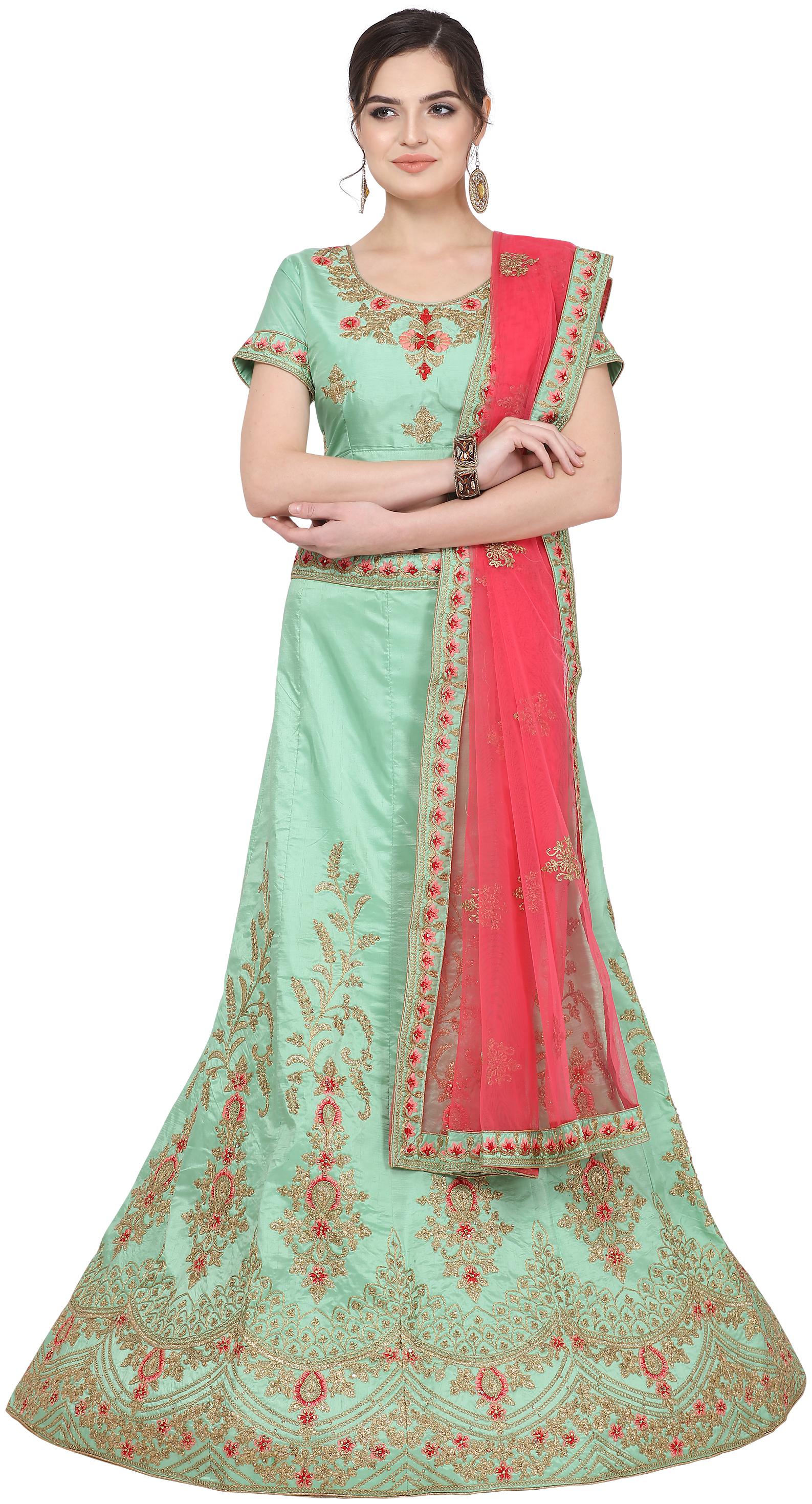 

MANVAA Women Green Semi-Stiched Embroidered Silk Lehenga Choli