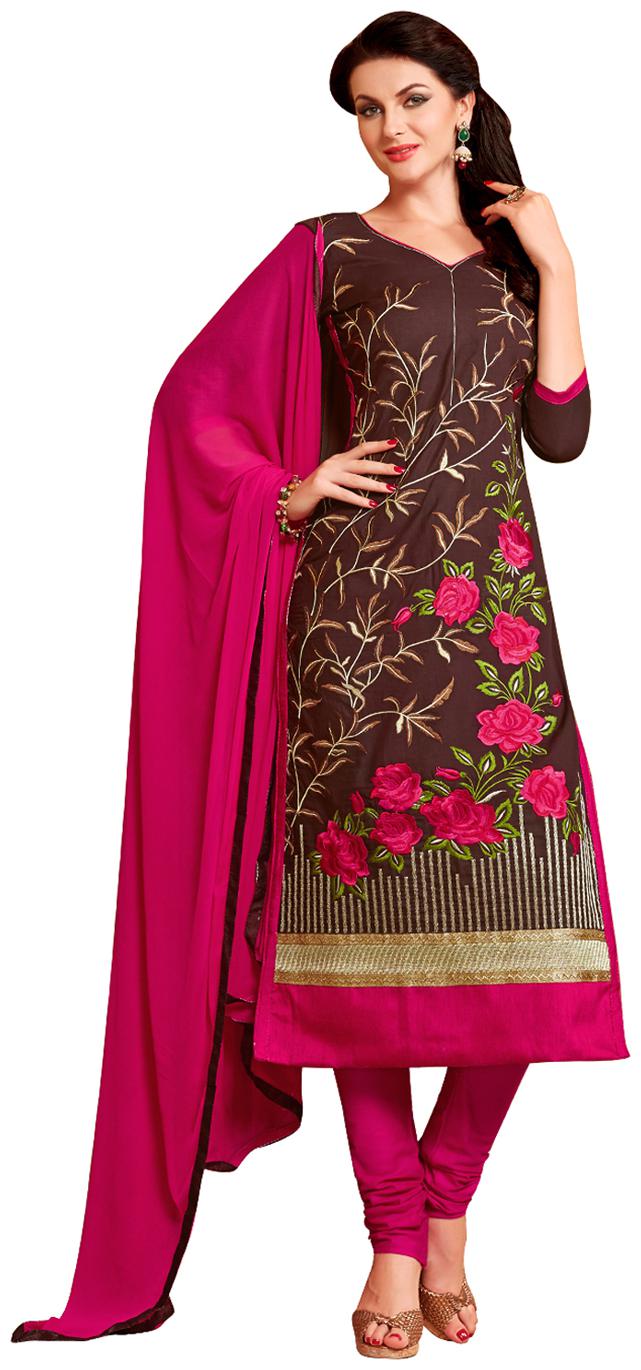 

Manvaa Women Brown Embroidered Cotton Dress Material