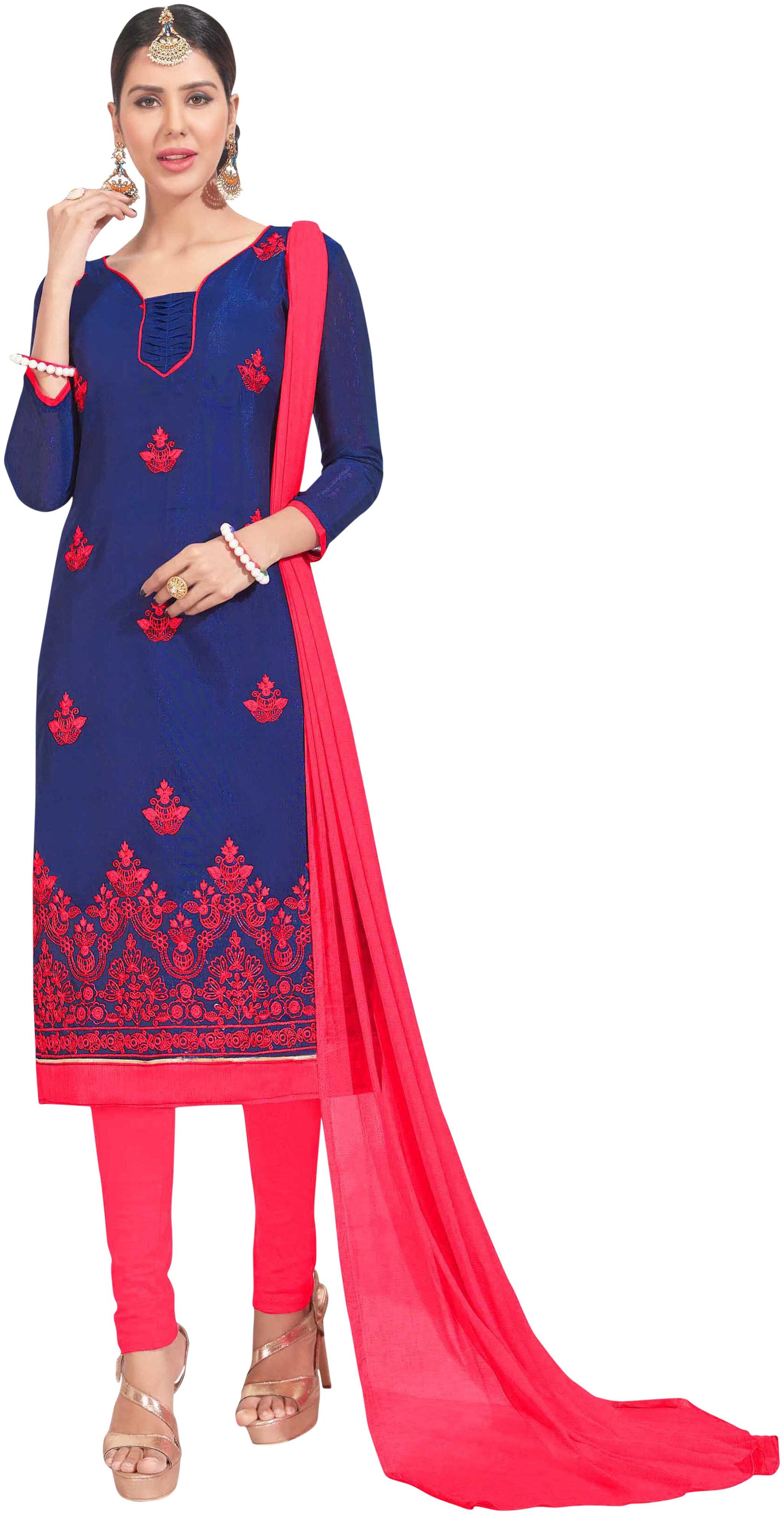 

Manvaa Women Blue Embroidered Cotton Dress Material