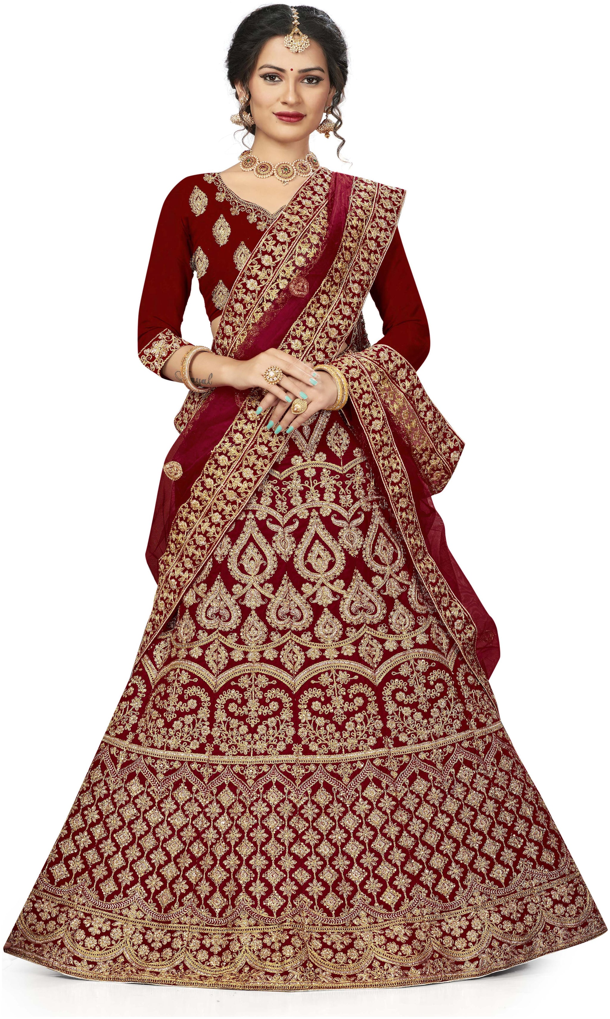 

Manvaa Women Maroon Velvet Embroidered Lehenga Choli
