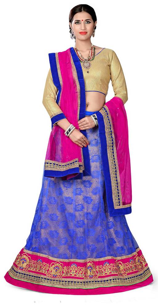 

MANVAA Women Net Semistiched Embroidered Blue Lehenga Choli
