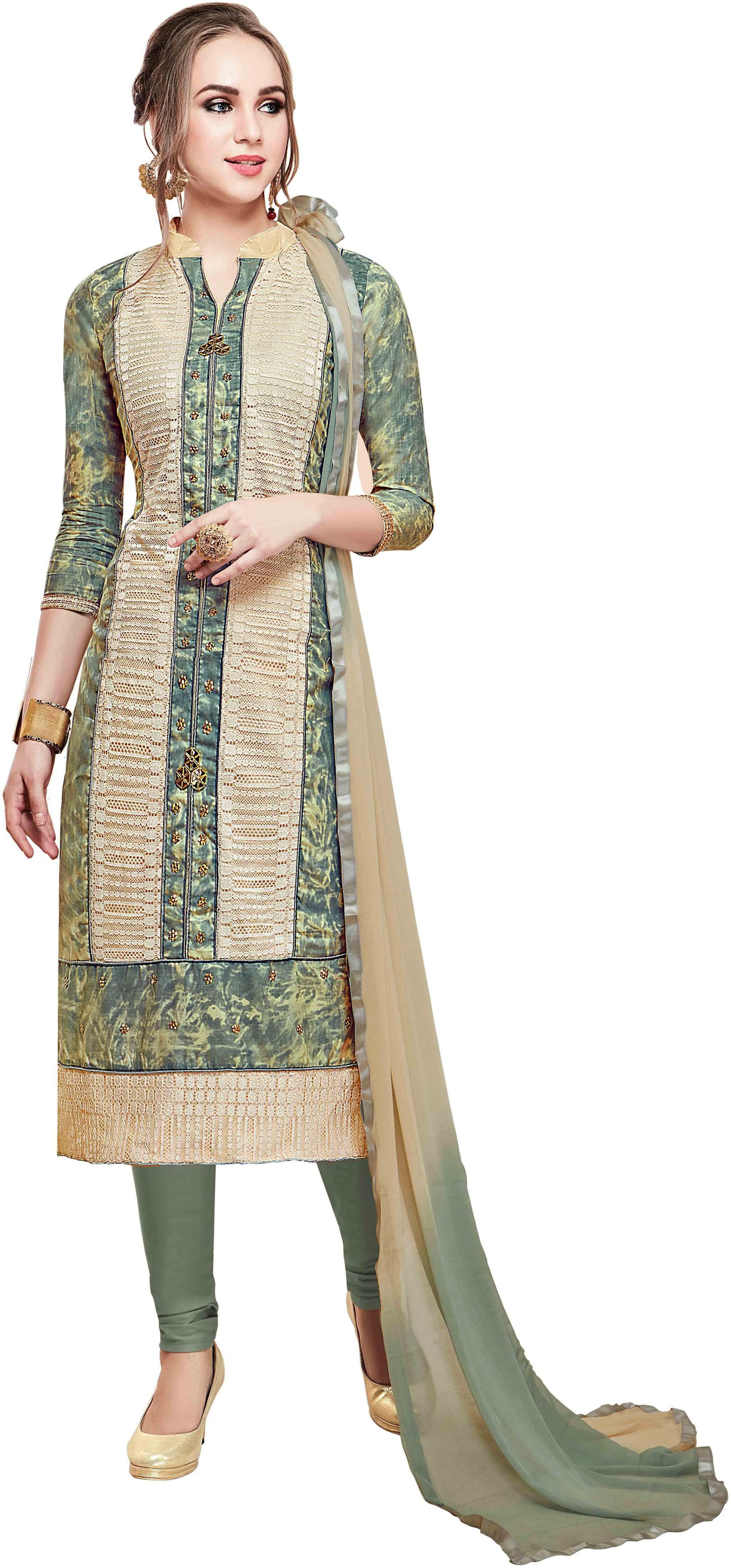 

Manvaa Women Beige Embroidered Cotton Dress Material