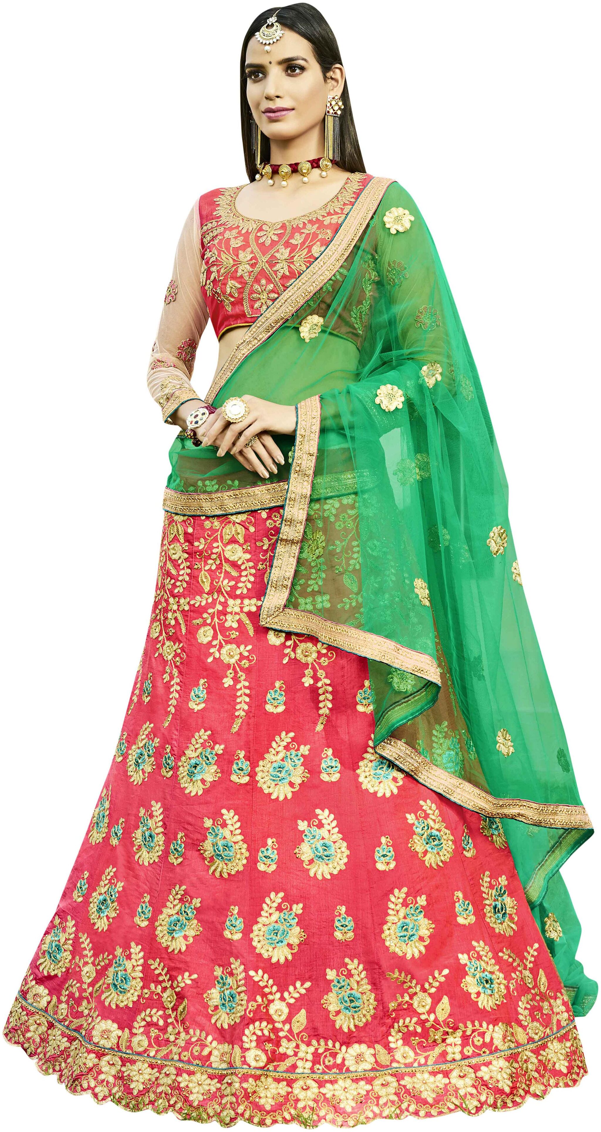 

MANVAA Women Silk Semistiched Embroidered Pink Lehenga Choli