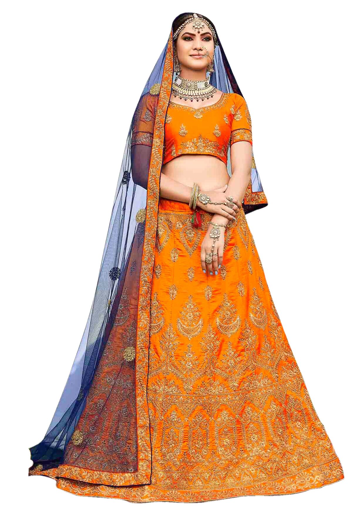 

MANVAA Women Silk Embroidered Orange Lehenga Choli