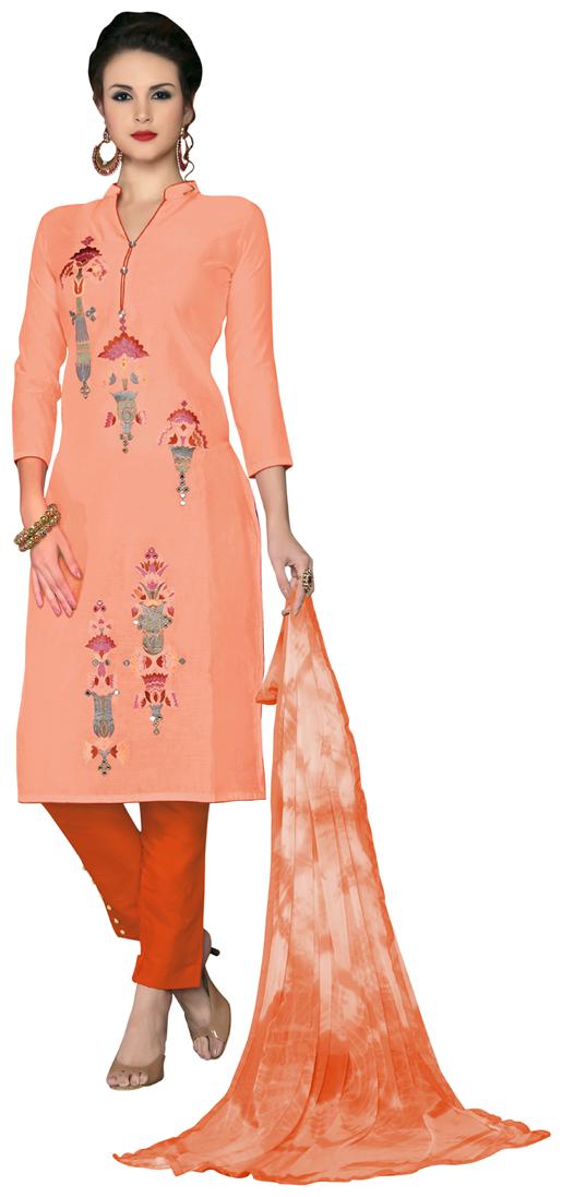 

Manvaa Women Peach Embroidered Cotton Dress Material
