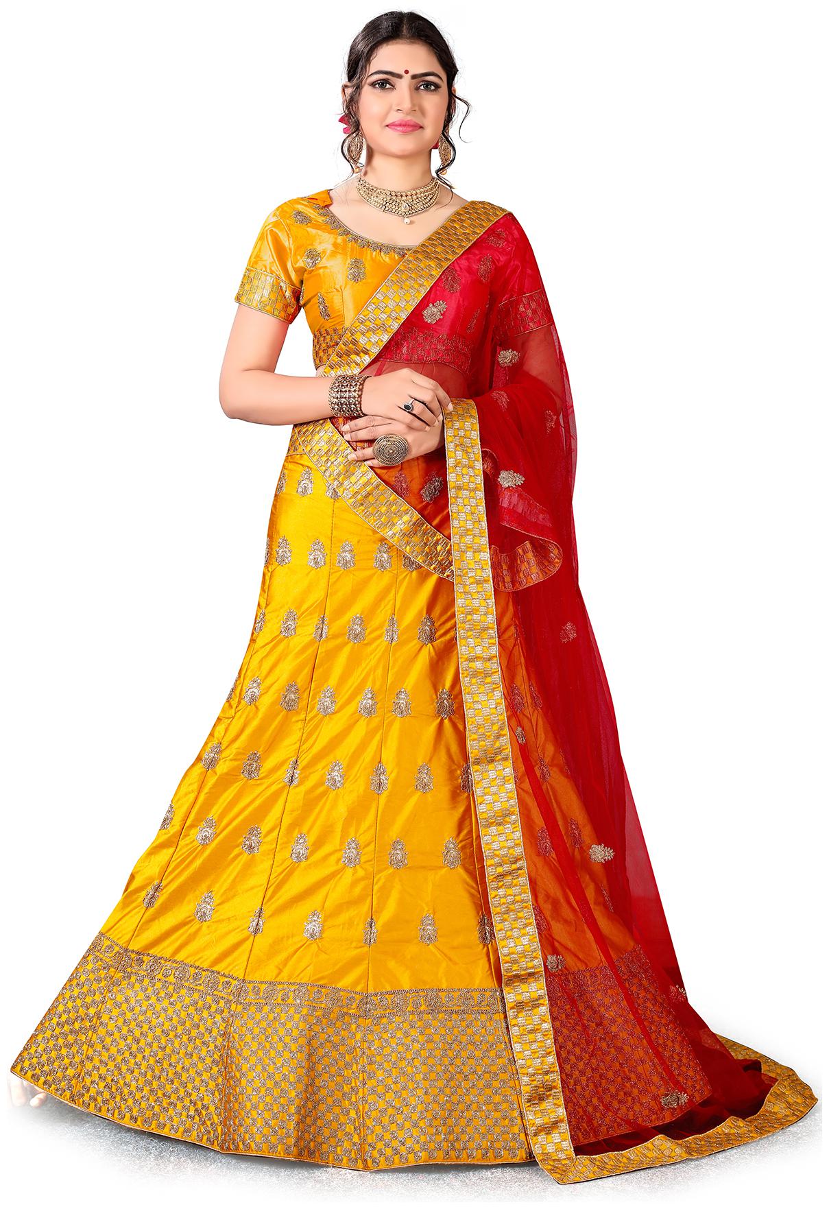 

MANVAA Women Silk Semistiched Embroidered Yellow Lehenga Choli