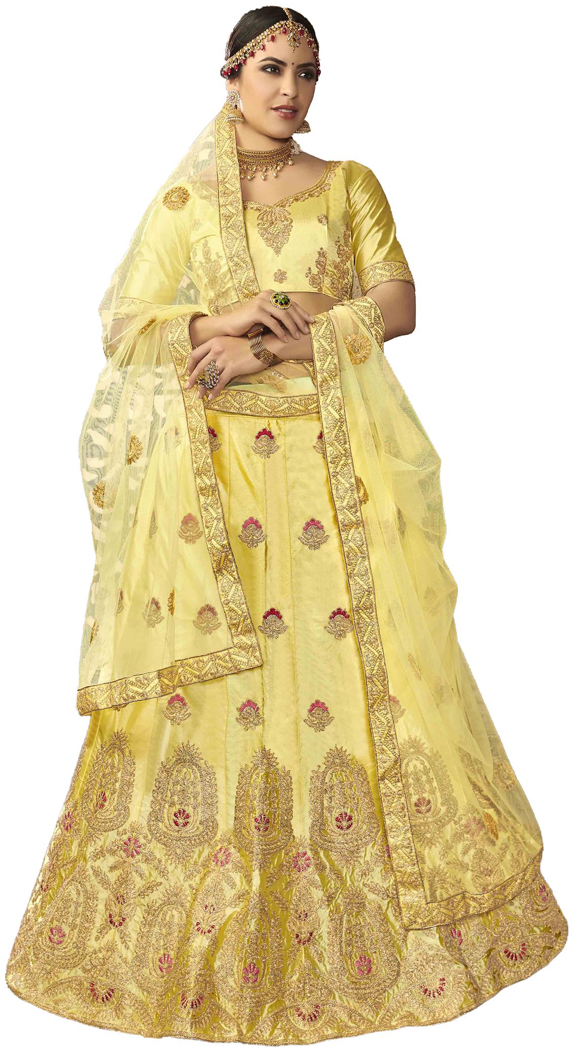 

MANVAA Women Silk Semistiched Embroidered Yellow Lehenga Choli