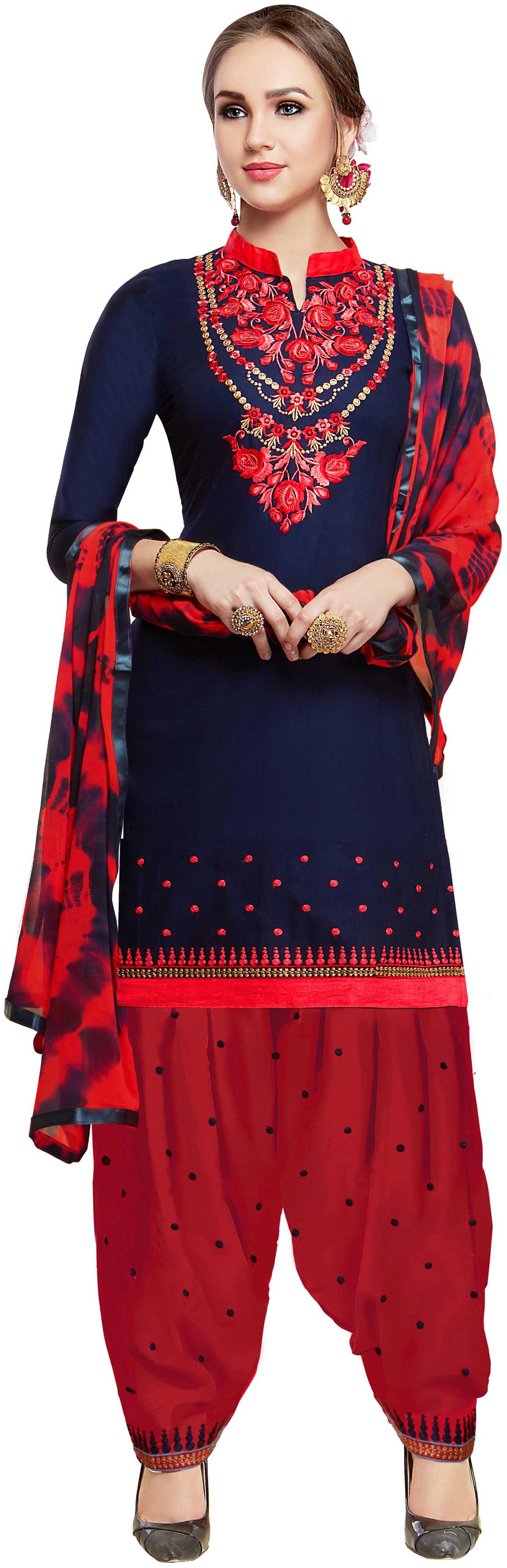 

Manvaa Women Blue Patiyala Embroidered Cotton Dress Material