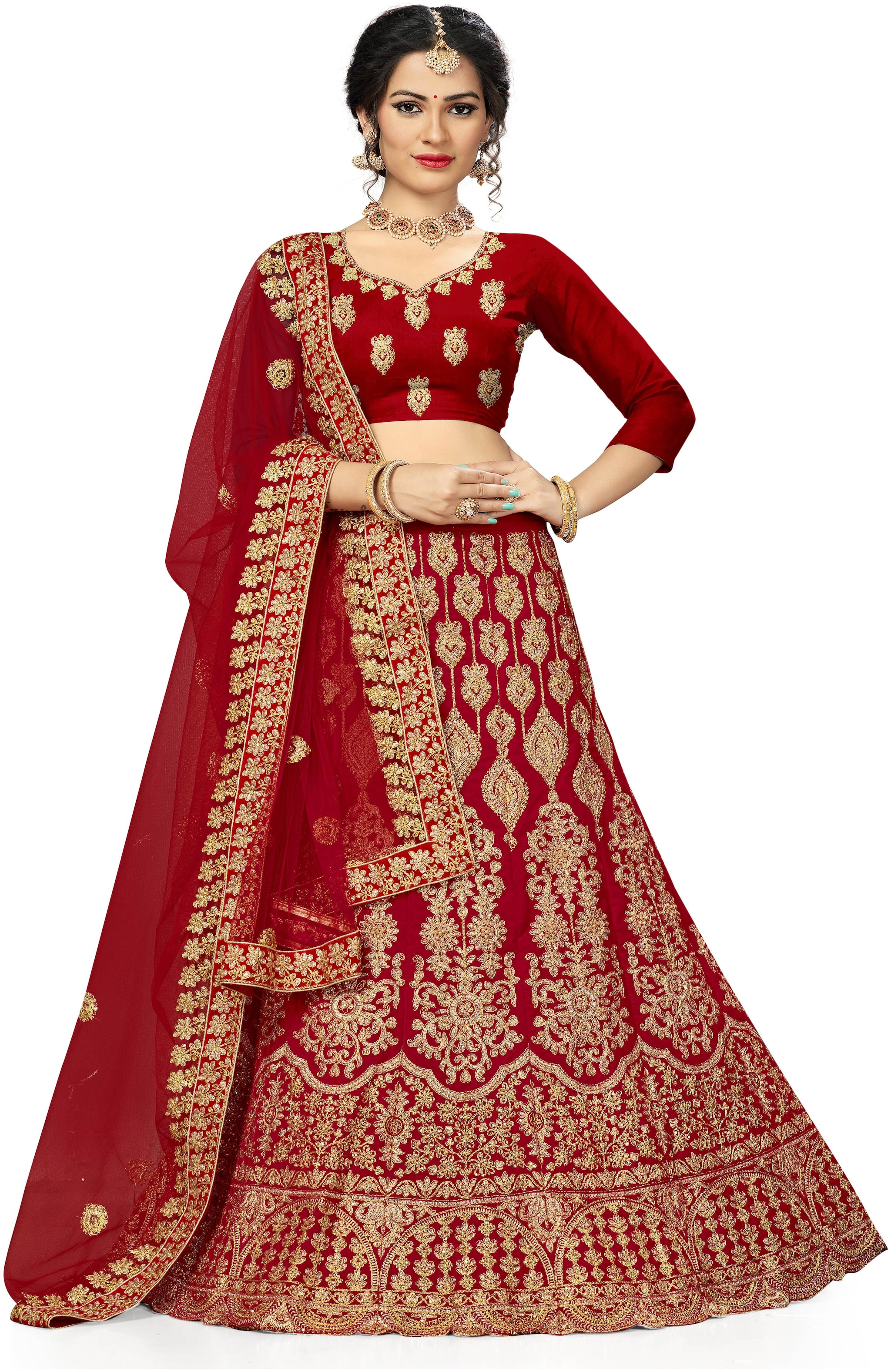 

Manvaa Women Red Velvet Embroidered Lehenga Choli