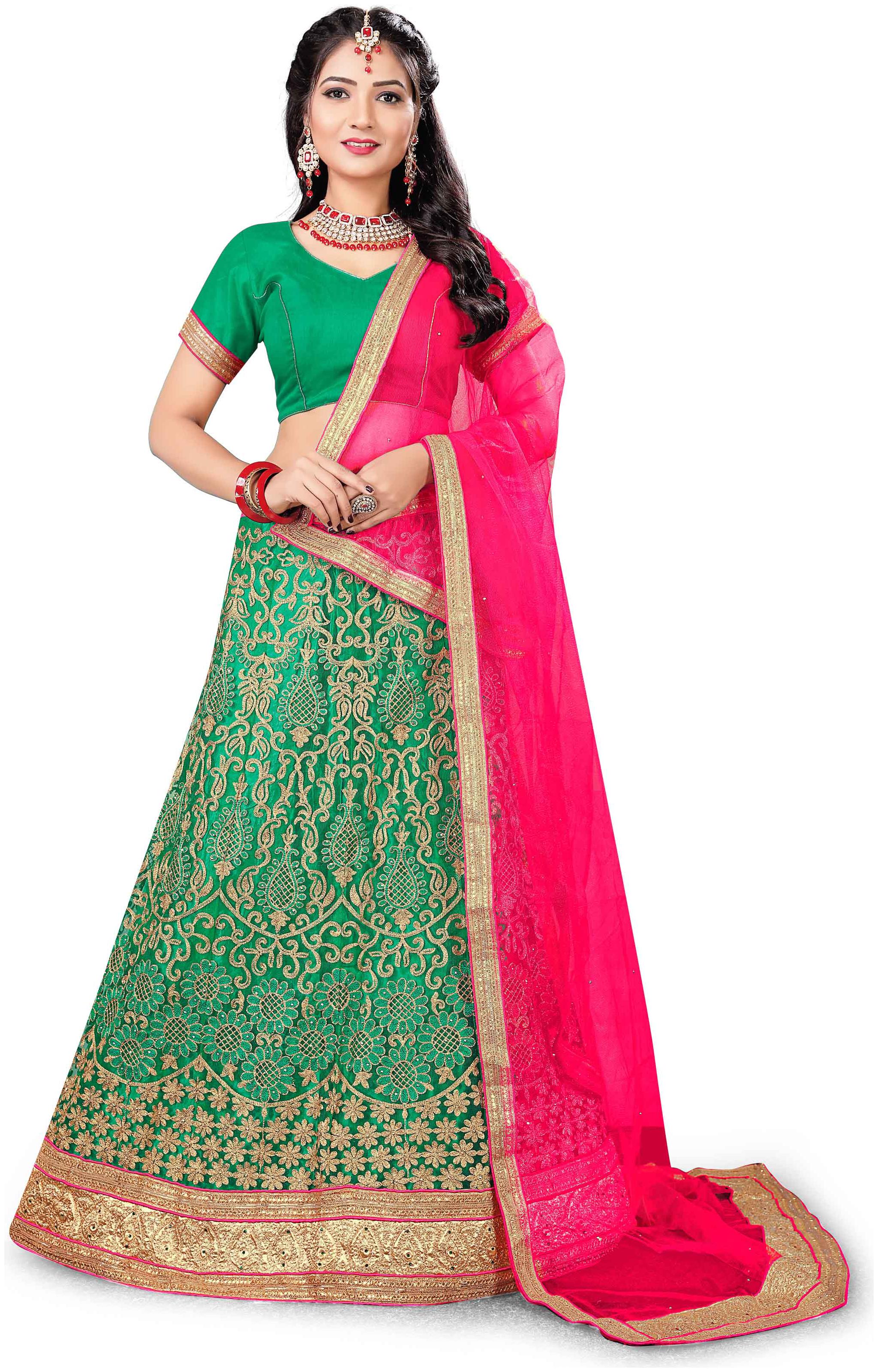 

MANVAA Women Net Semistiched Embroidered Green Lehenga Choli