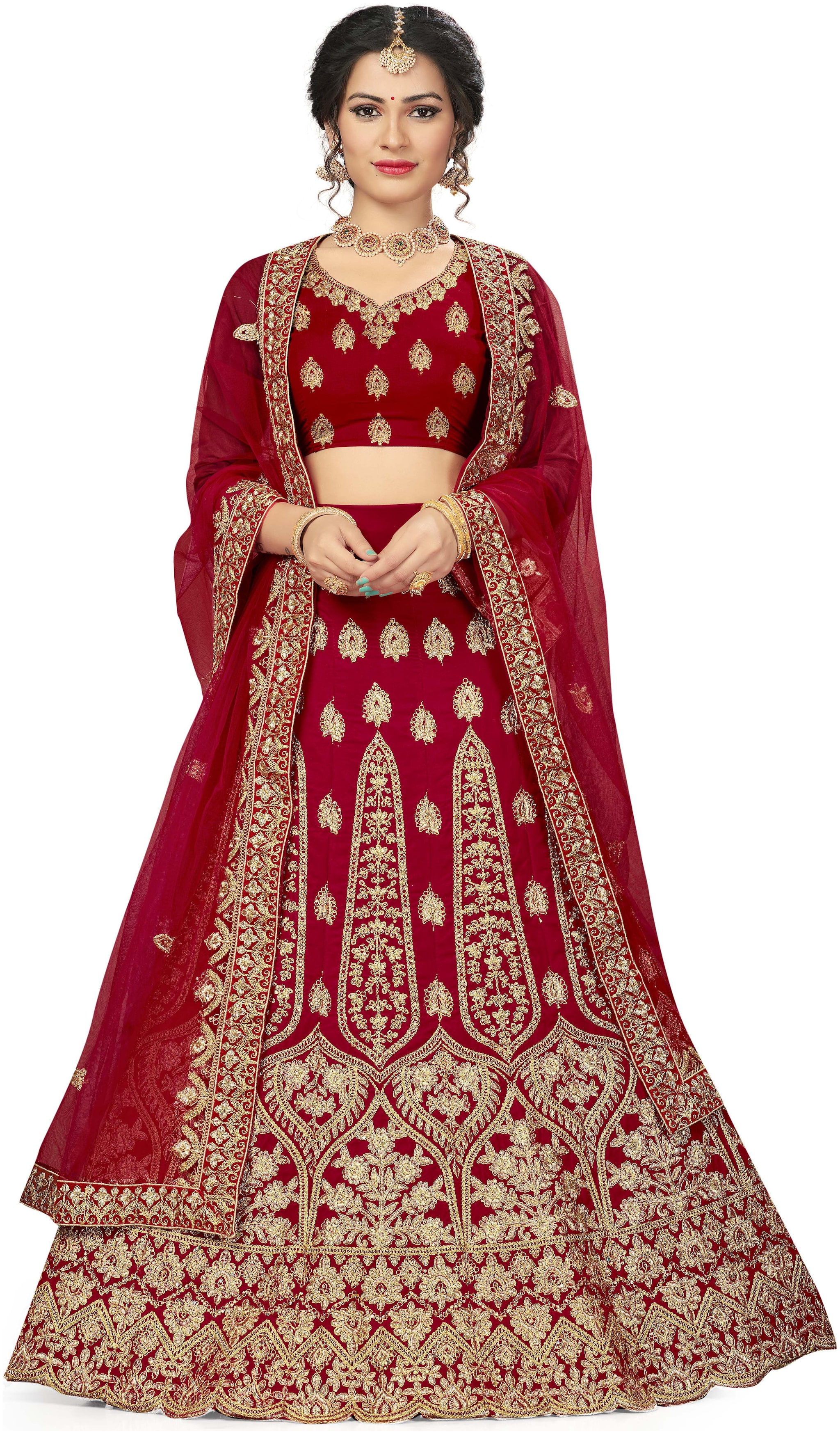 

Manvaa Women Red Velvet Embroidered Lehenga Choli