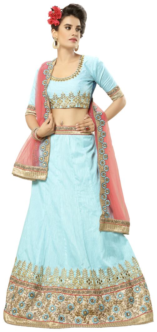 

MANVAA Women Silk Semistiched Embroidered Blue Lehenga Choli