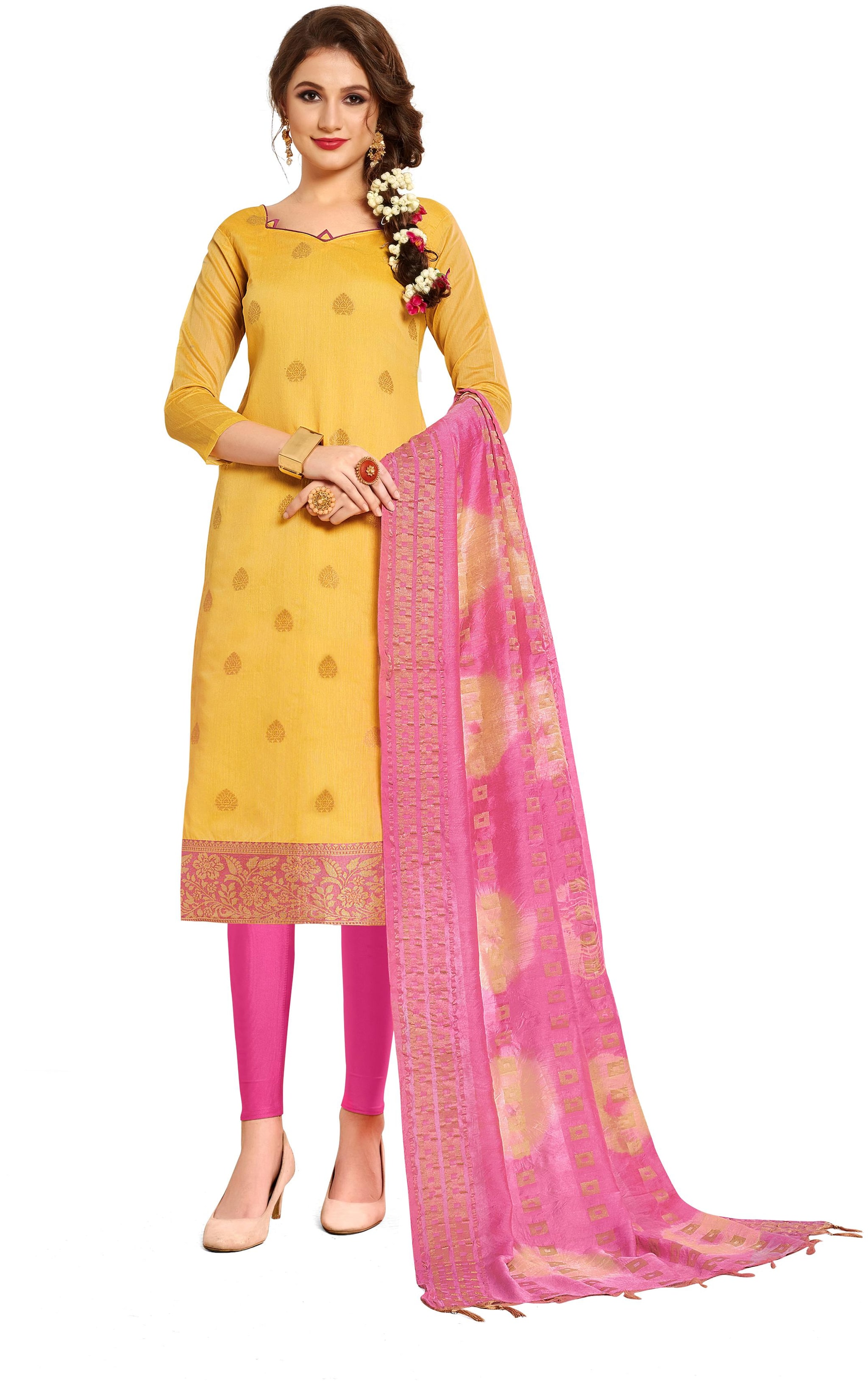 

Manvaa Women Yellow Woven Banarasi Silk Dress Material