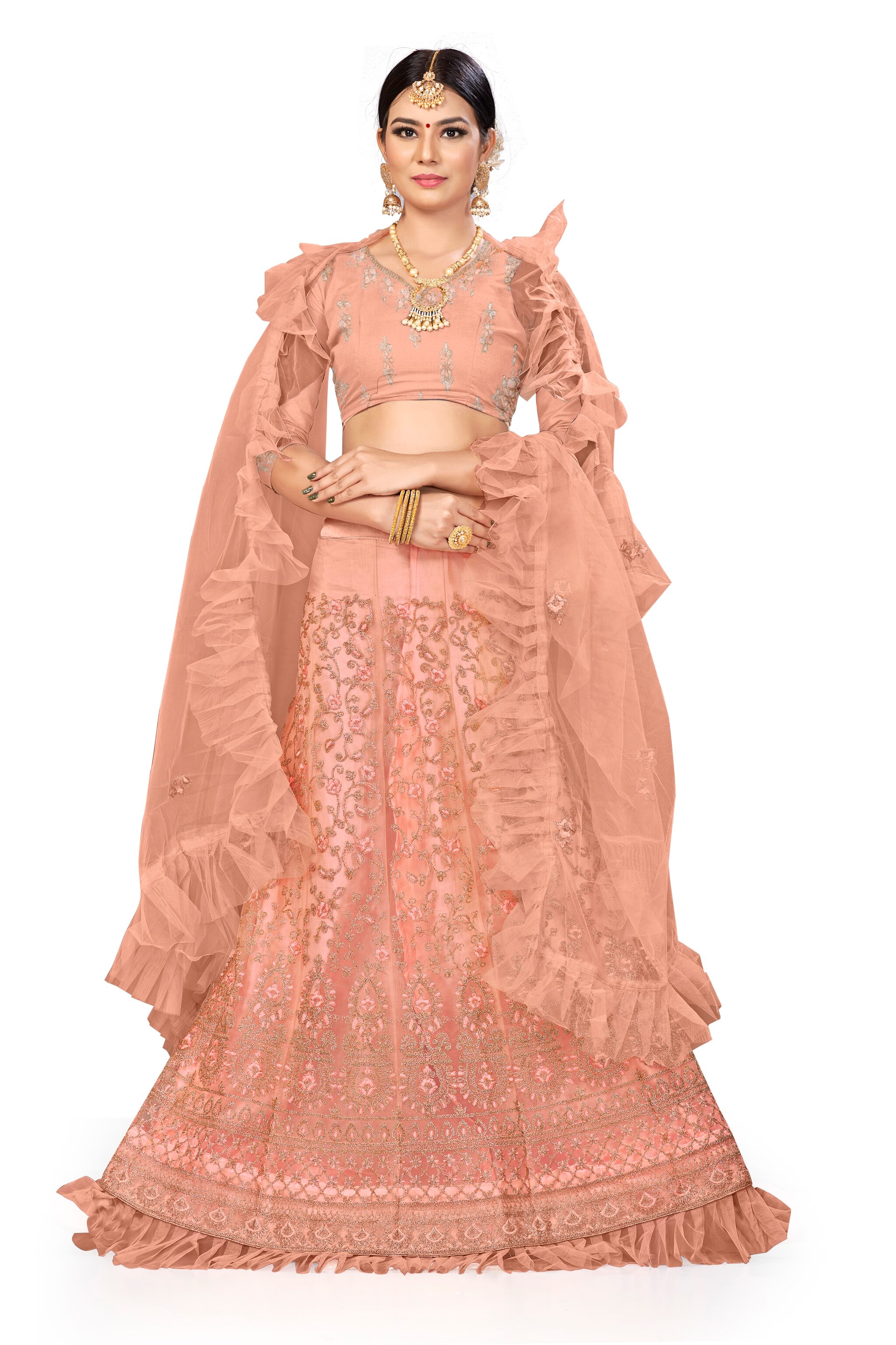 

MANVAA Women Net Embroidered Peach Lehenga Choli