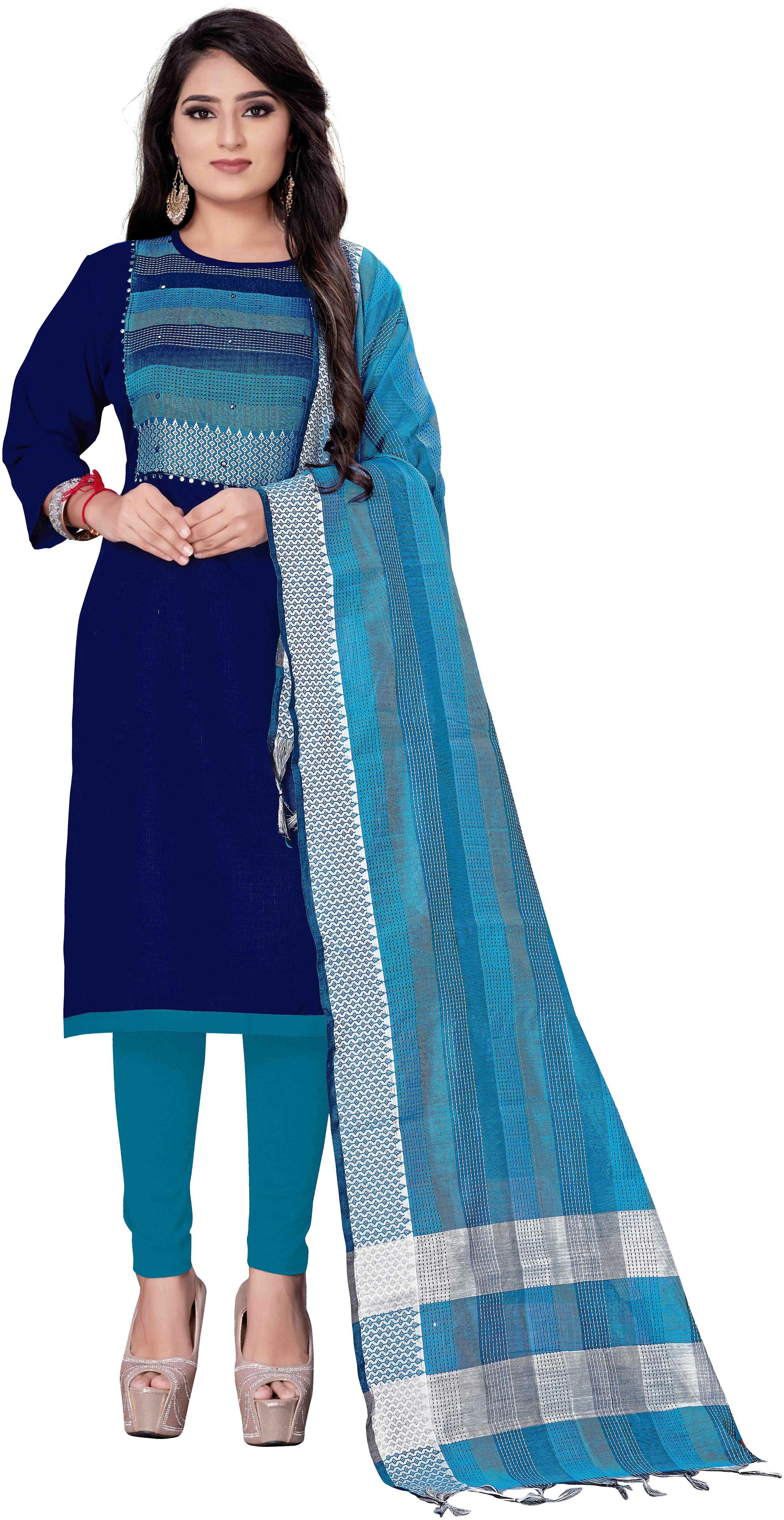 

MANVAA Women Cotton Blend Blue Dress Material