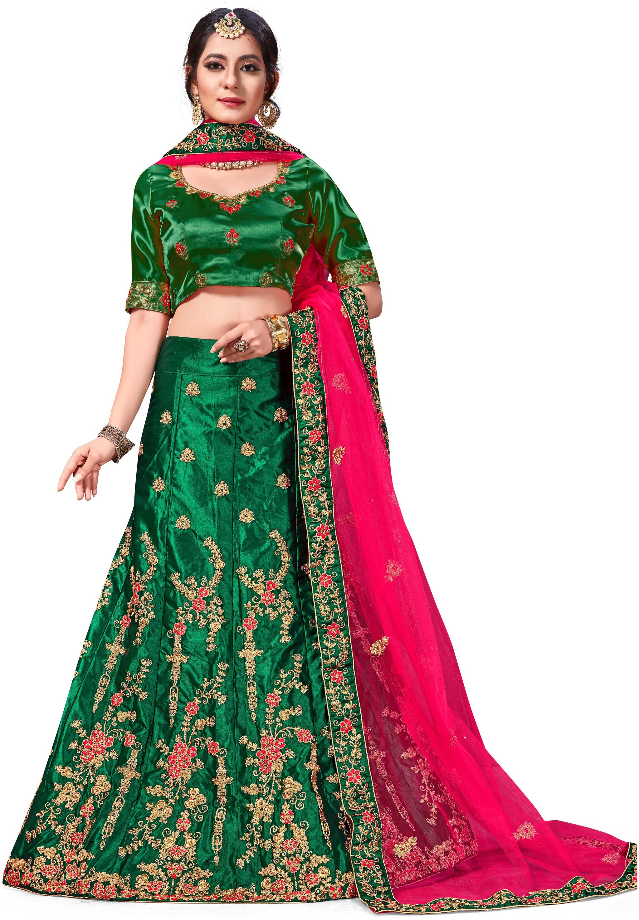 

MANVAA Women Silk Semistiched Embroidered GREEN Lehenga Choli